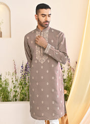 Elegant Grey Embroidered Kurta Pyjama - Indian Ethnic Wear

