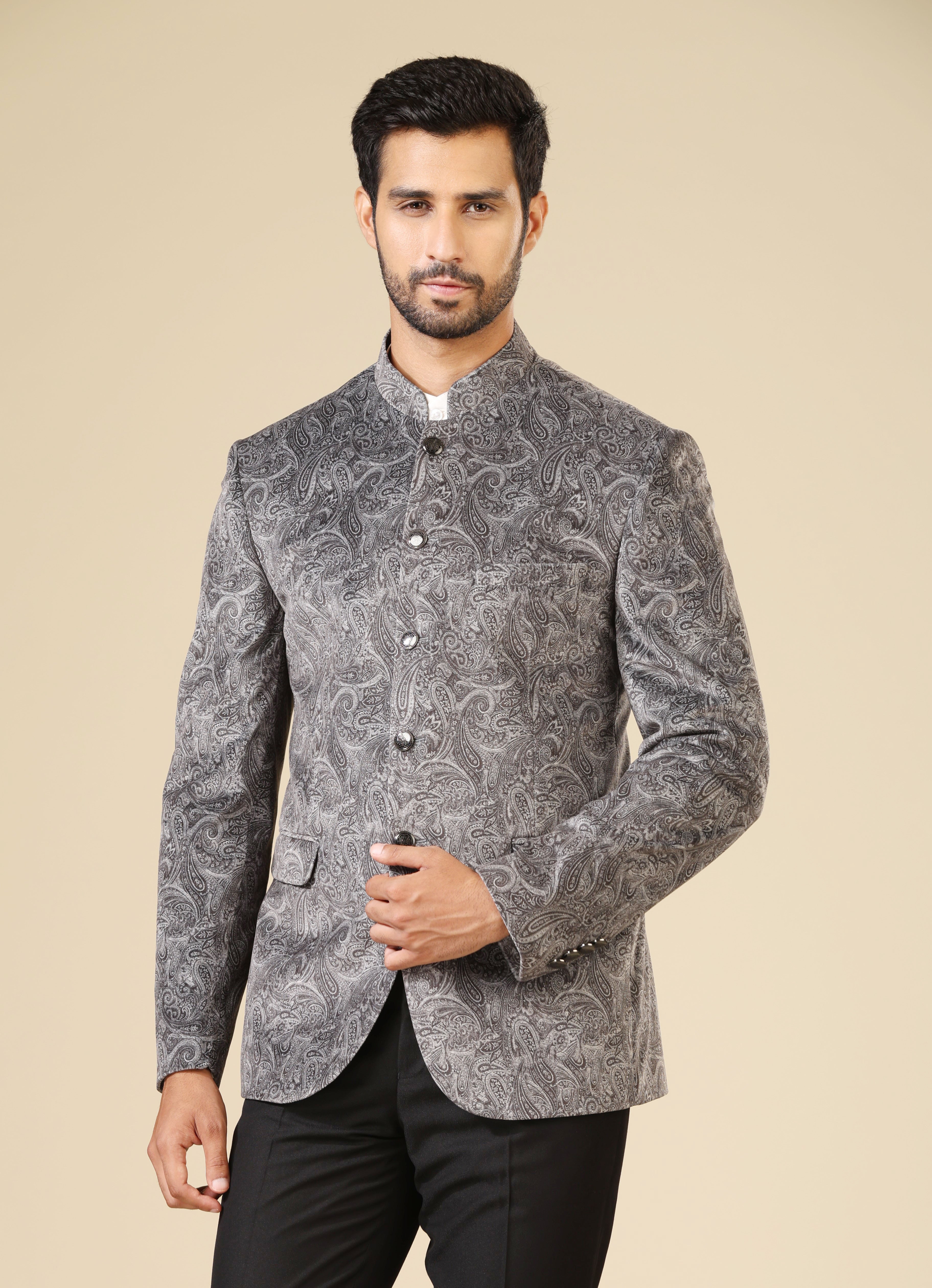 Elegant Grey Velvet Bandhgala - Traditional Indian Wear


