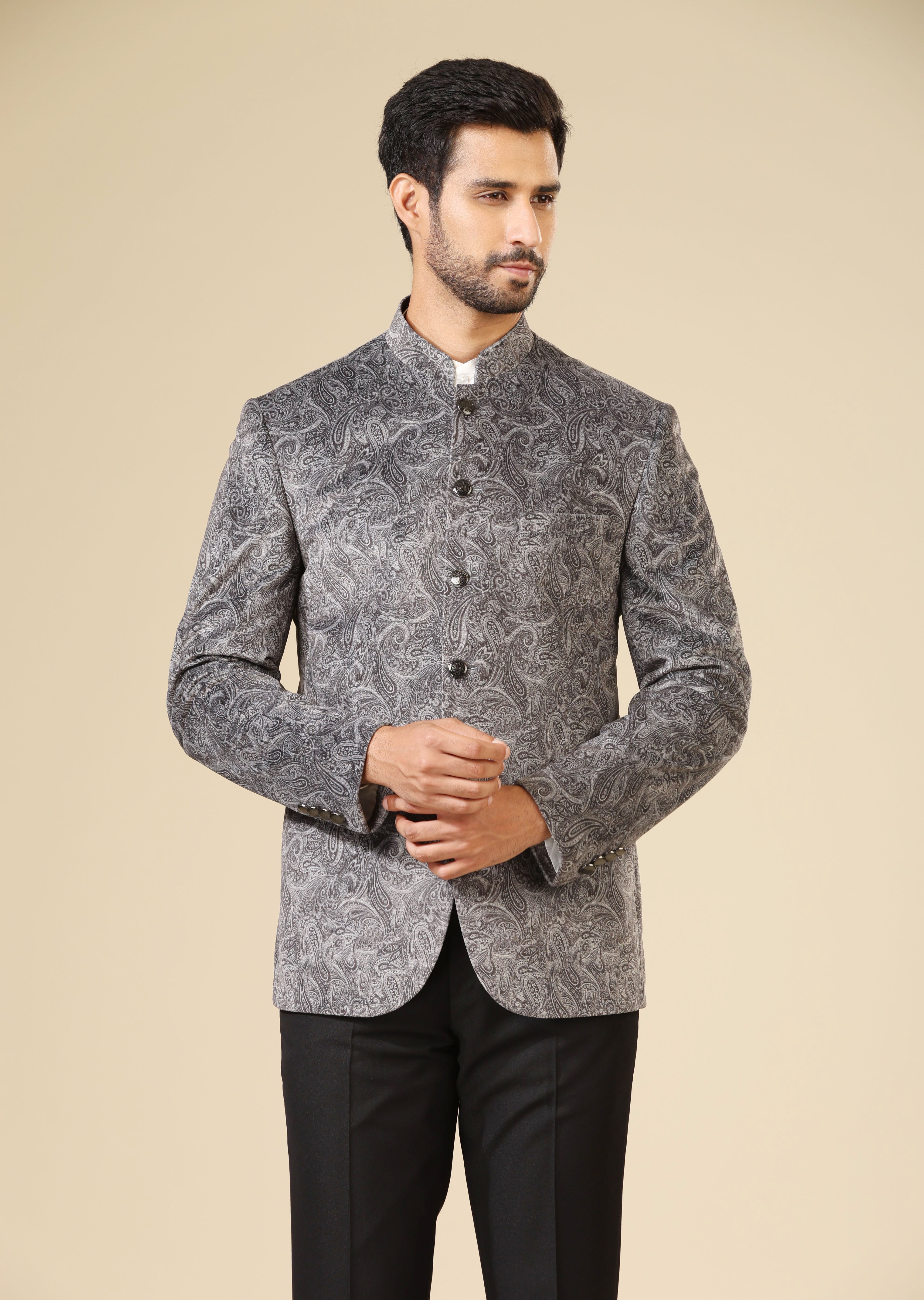 Stylish Grey Velvet Bandhgala with Print - Perfect for Weddings and Formal Occasions

