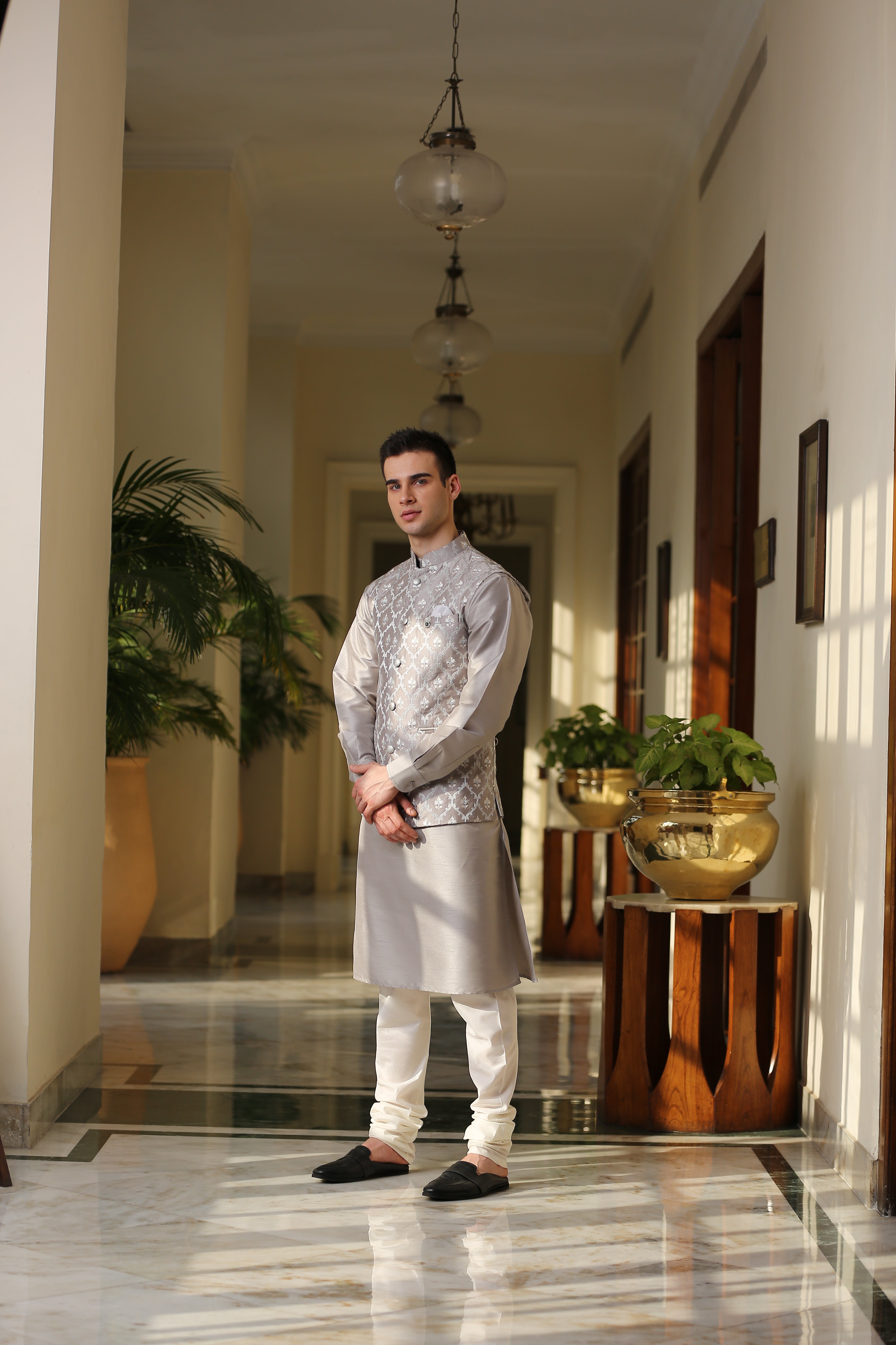 Embroidered Grey Kurta Jacket Set