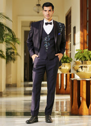 Embroidered Dark Purple Tuxedo suit with double breasted vest