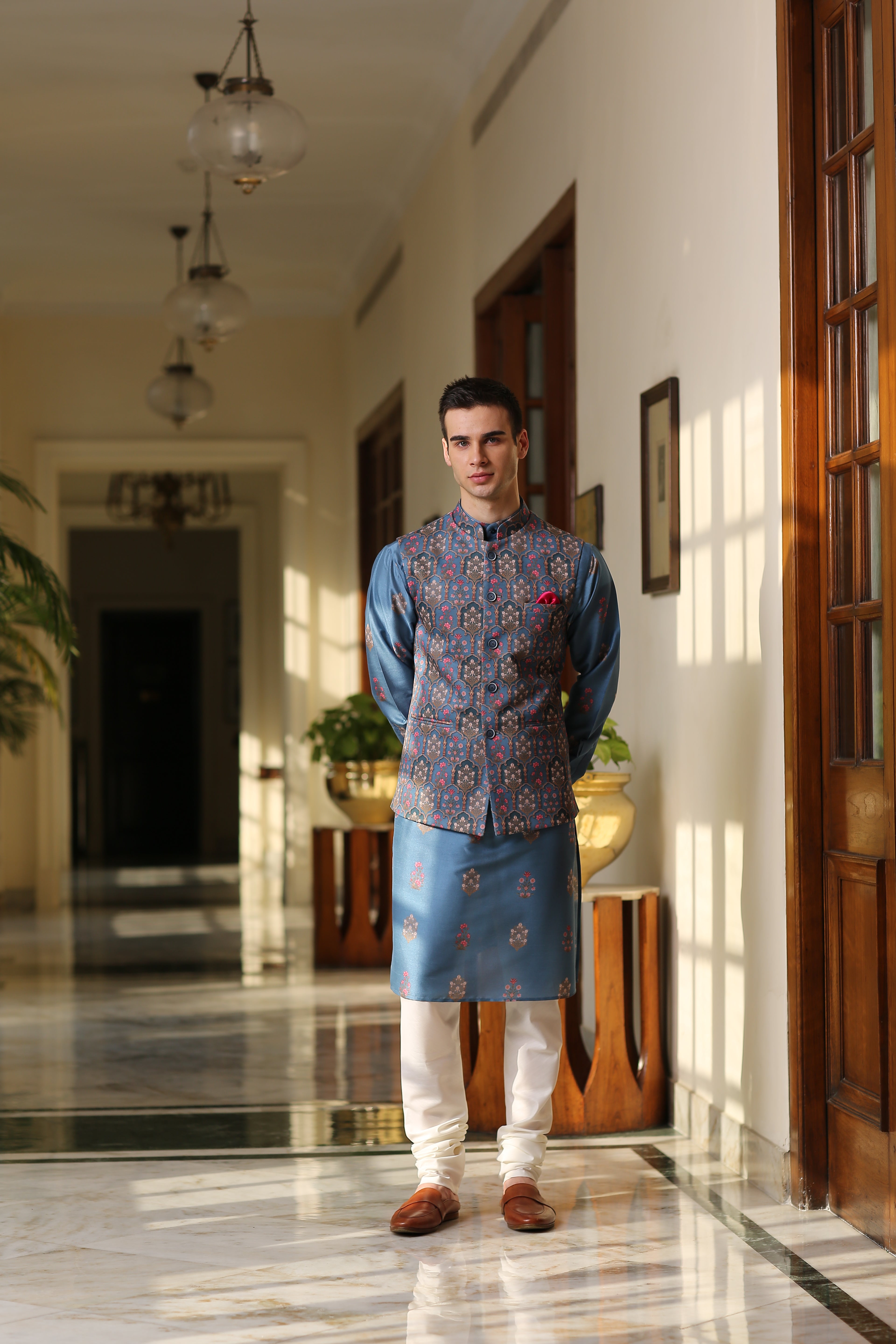 Printed Blue Kurta Jacket Set