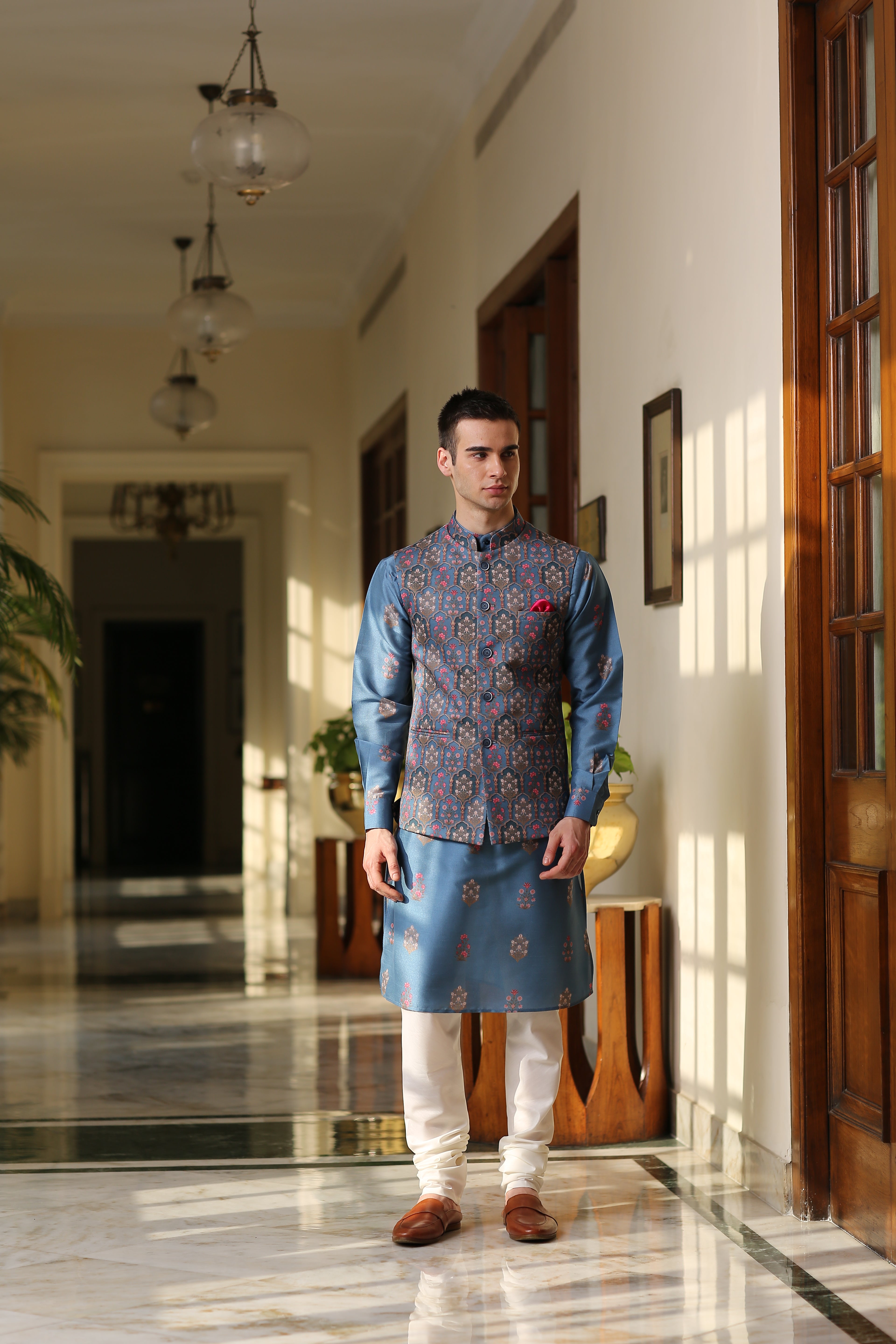 Printed Blue Kurta Jacket Set