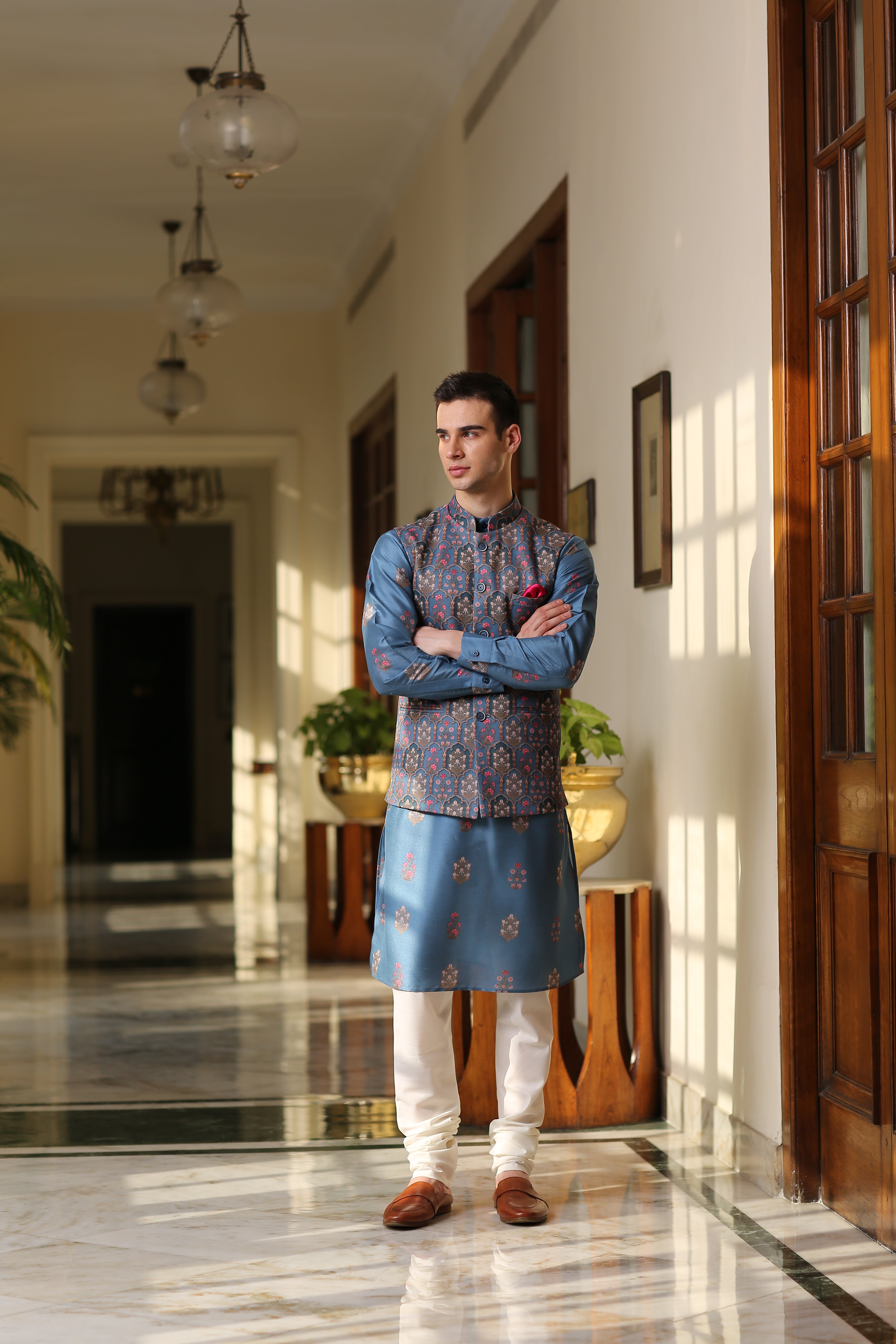 Printed Blue Kurta Jacket Set