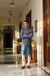 Printed Blue Kurta Jacket Set