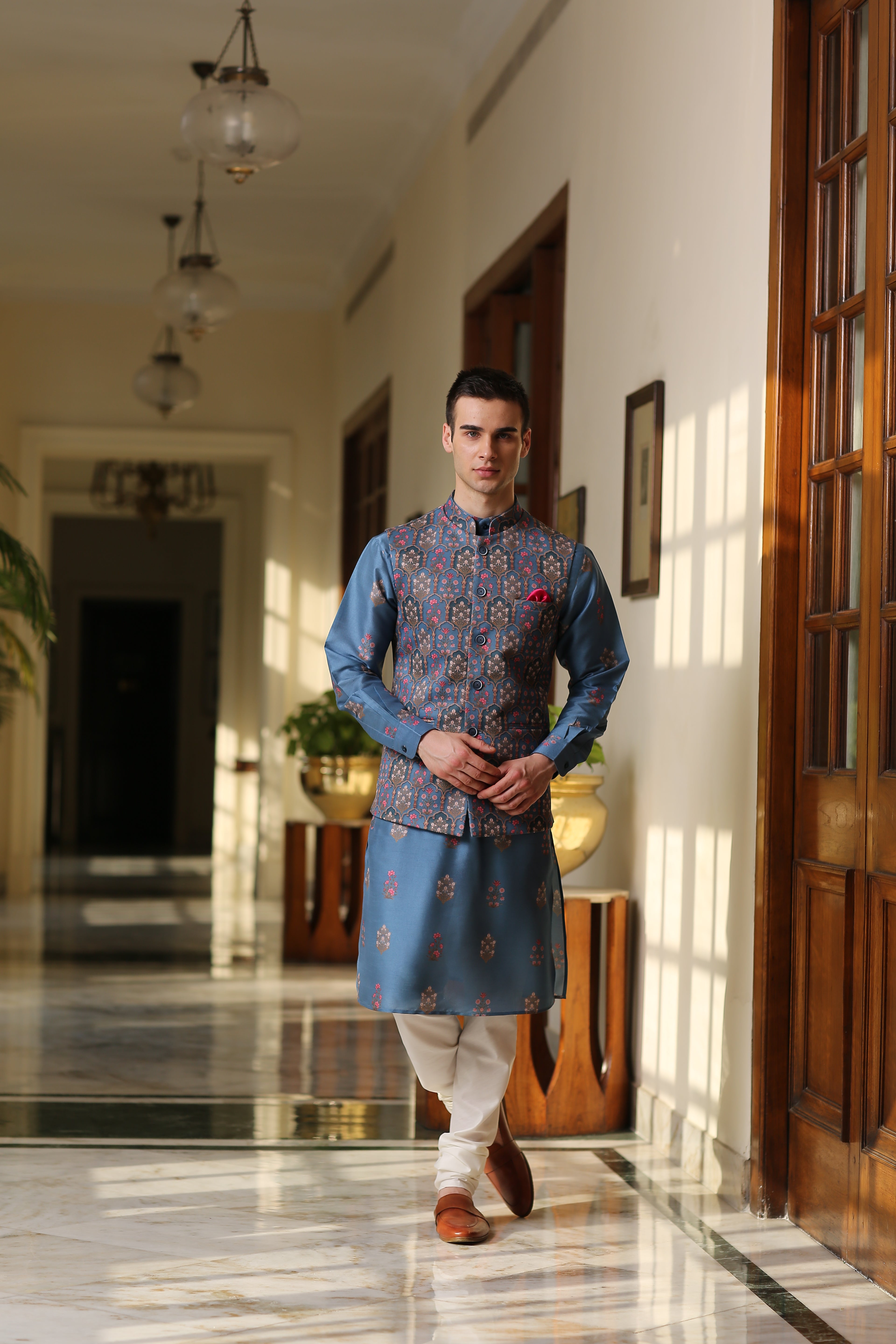 Printed Blue Kurta Jacket Set