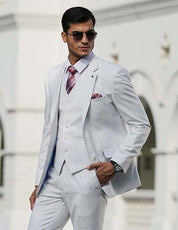 White Checked Single-Breasted-5 Piece Suit