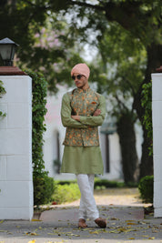 Embroidered Kurta Jacket Set Green