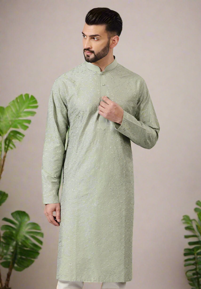 Embroidered Pista Green Kurta Set