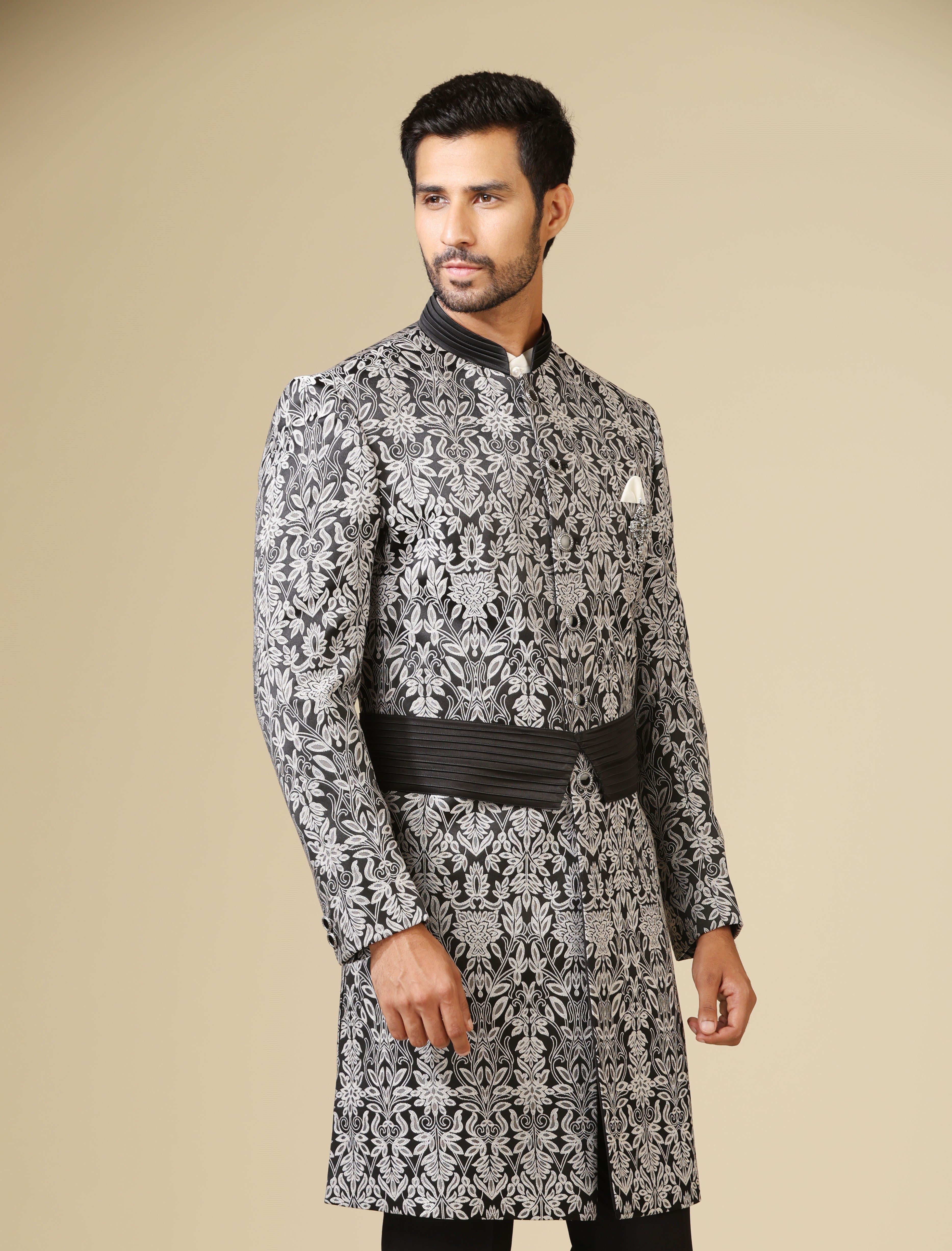 Men's Black Jacquard Indo-Western Outfit - Fusion Wear for the Modern Man

