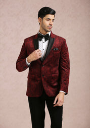 Maroon Printed Velvet Suit - Designer Wear

