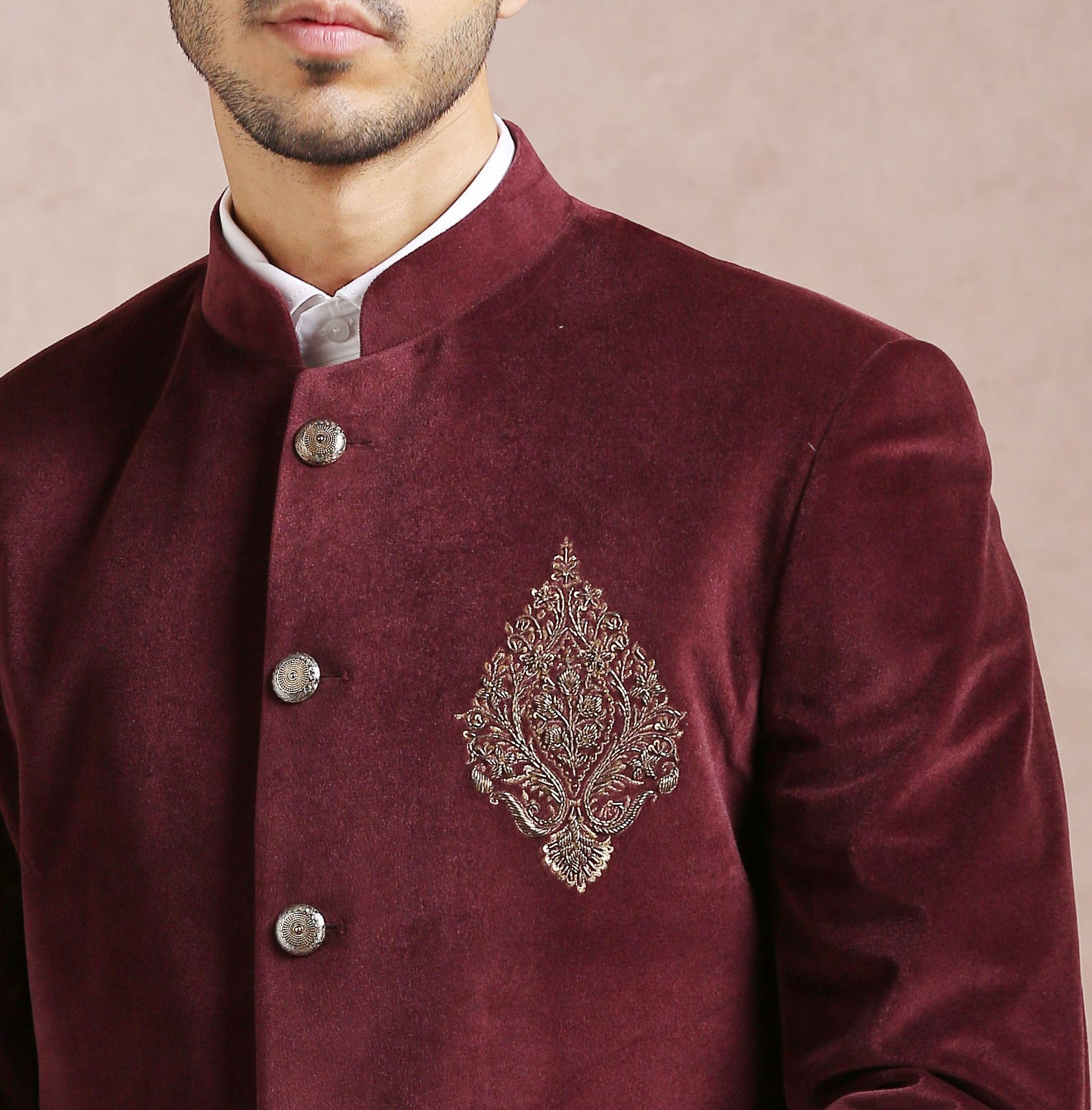 Stylish Maroon Velvet Bandhgala - Perfect for Weddings and Formal Occasions

