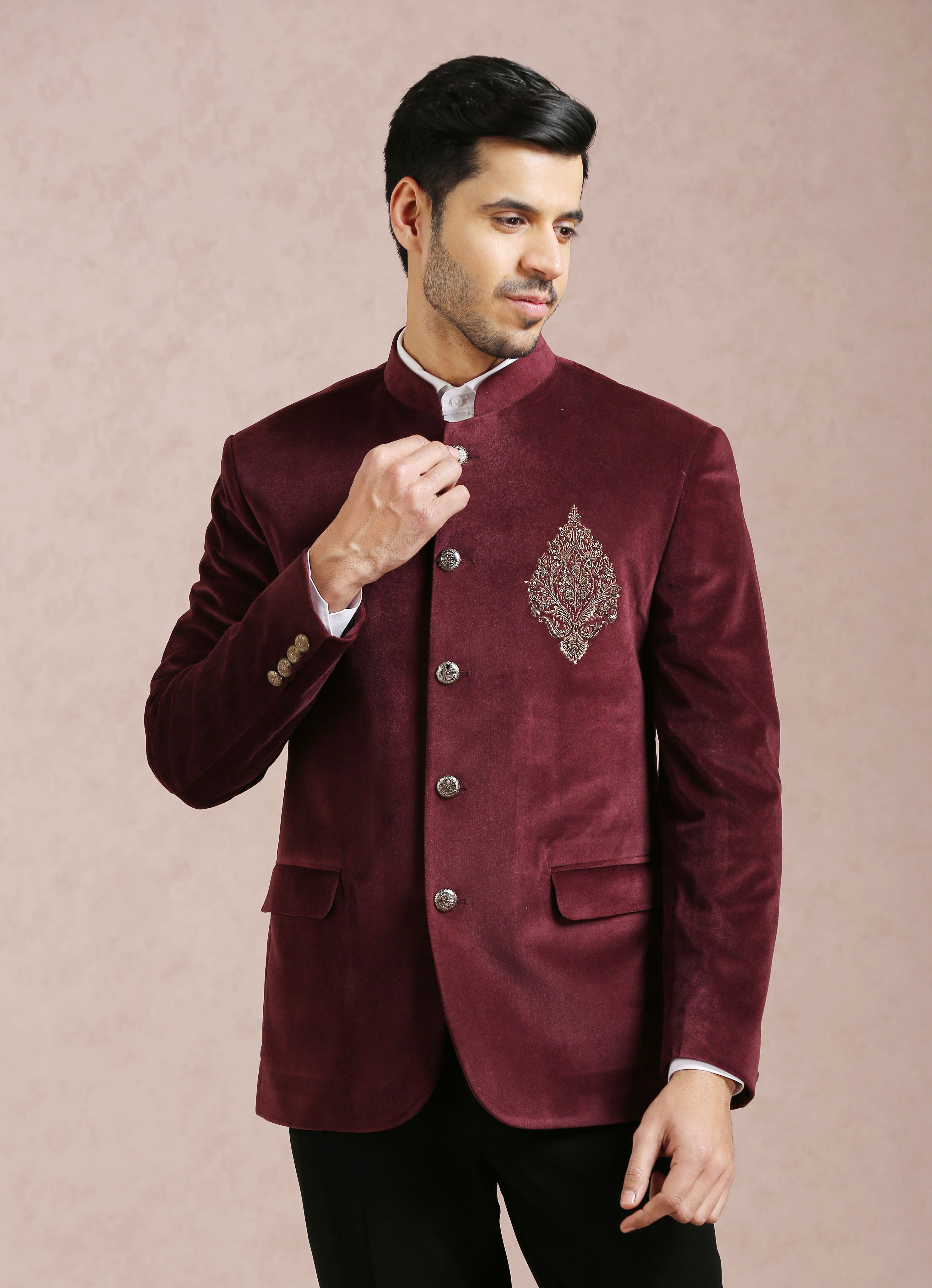 Men&#39;s Maroon Velvet Bandhgala - Luxury Indian Attire