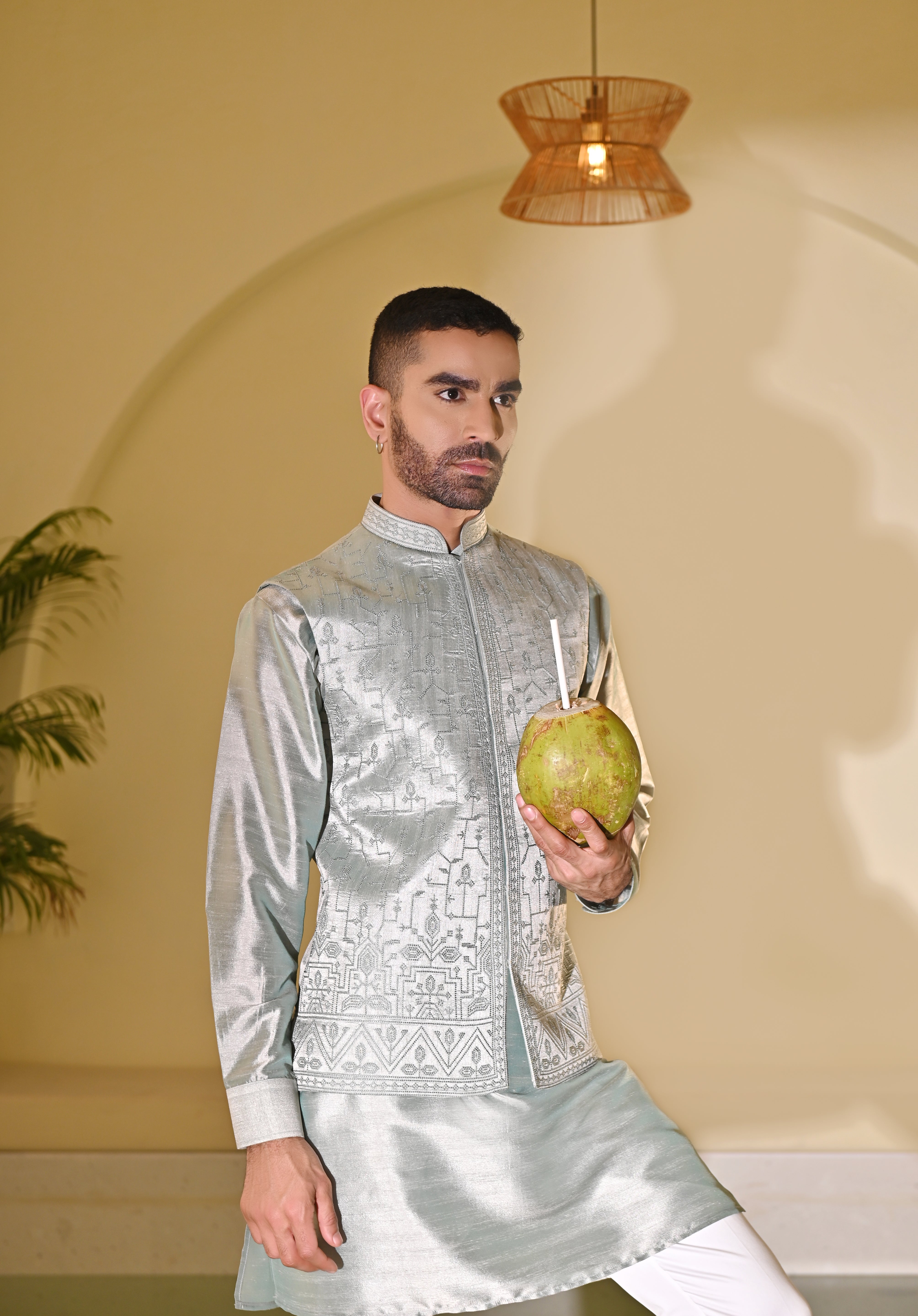 Mint Green Embroidered Kurta Bundi - Indian Wedding Wear

