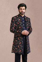 Men's Navy Blue Open Indo-Western Outfit - Fusion Wear for the Modern Man
