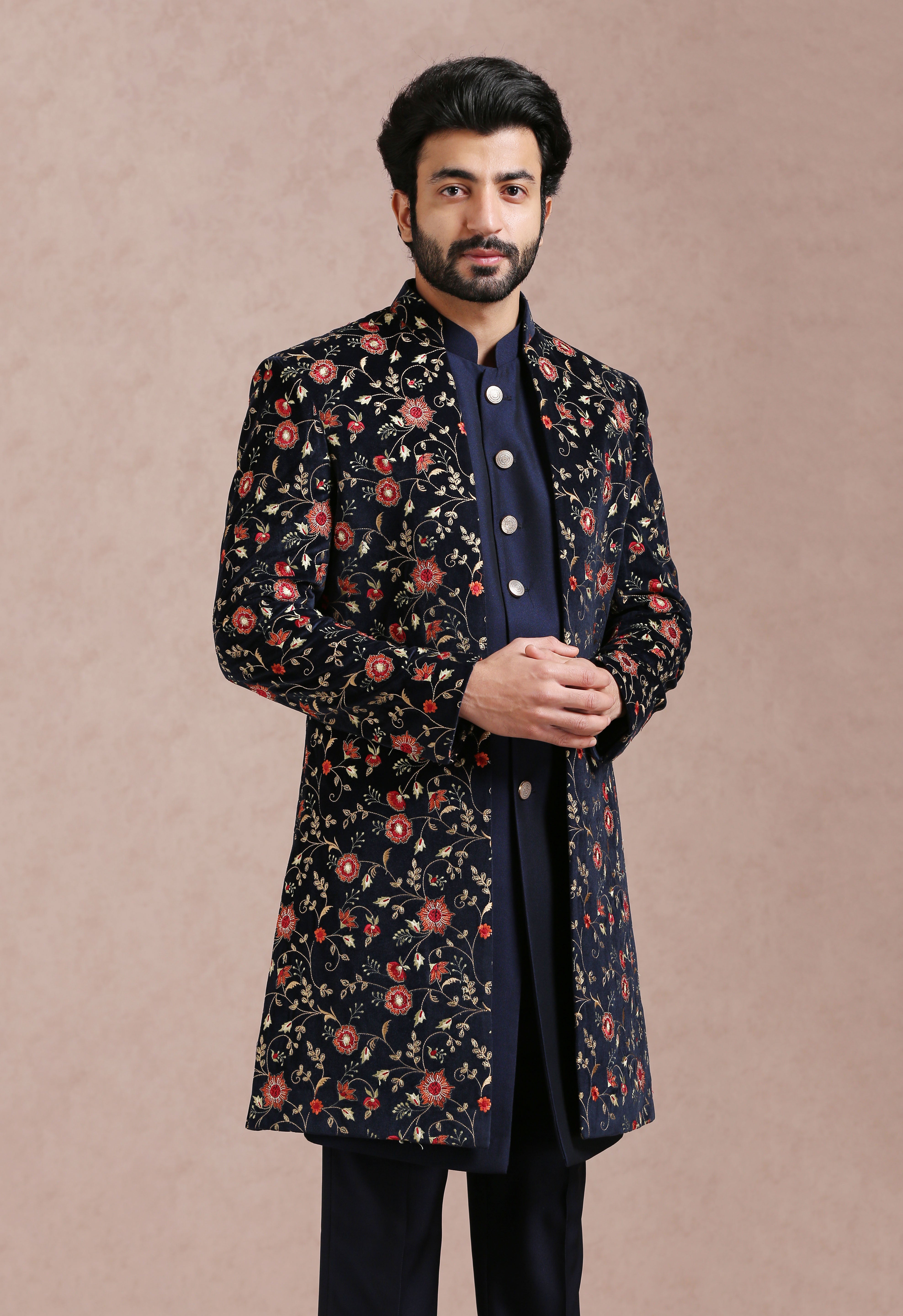 Men's Navy Blue Open Indo-Western Outfit - Fusion Wear for the Modern Man
