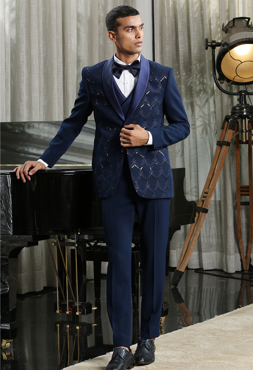 Navy Full Embroidered Designer Suit Bonsoir