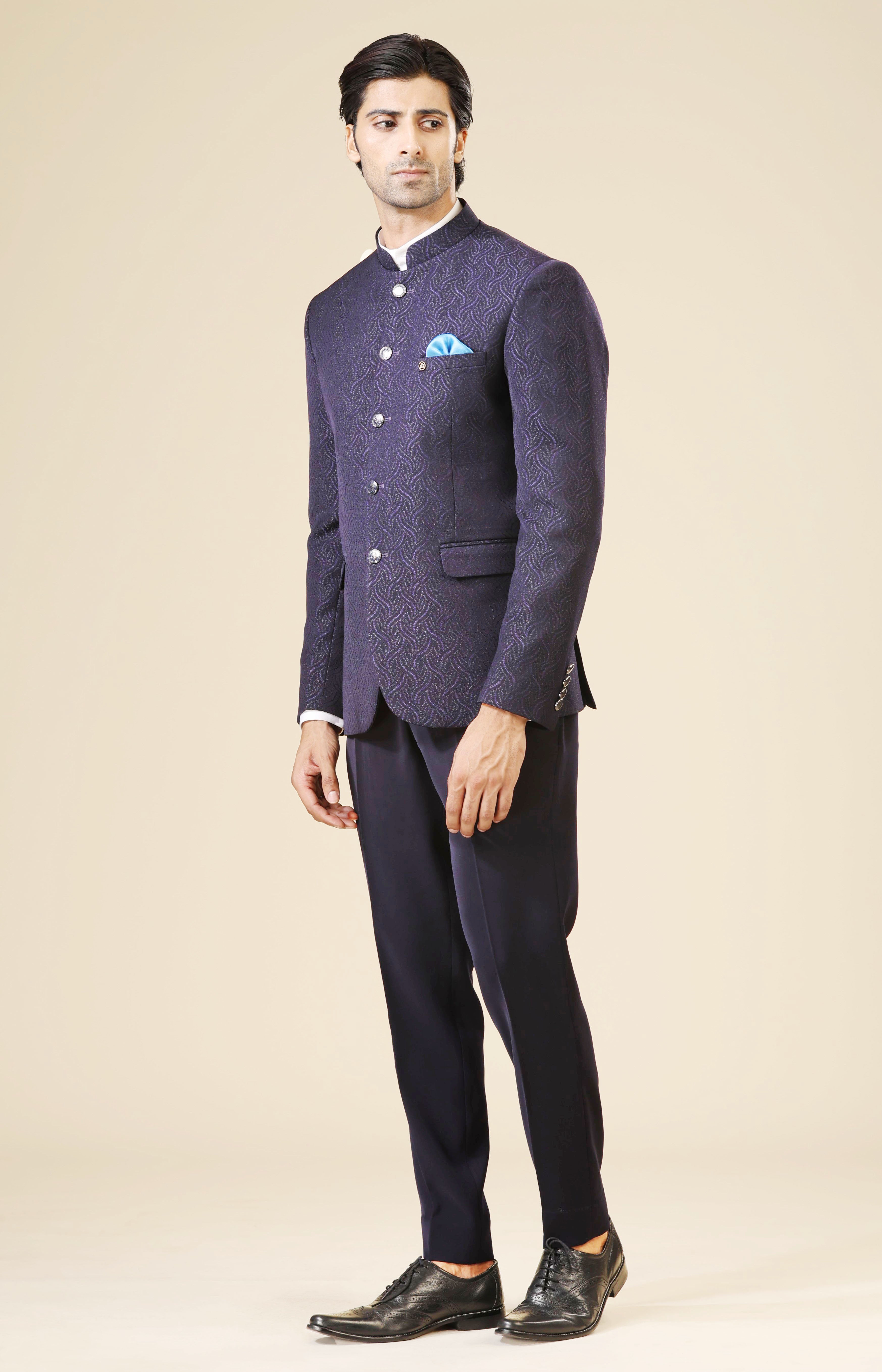 Timeless Navy Blue Jacquard Bandhgala for a Sophisticated Look


