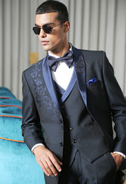 Trendy Navy Blue Suit with Embroidered Motif - Modern Men's Fashion

