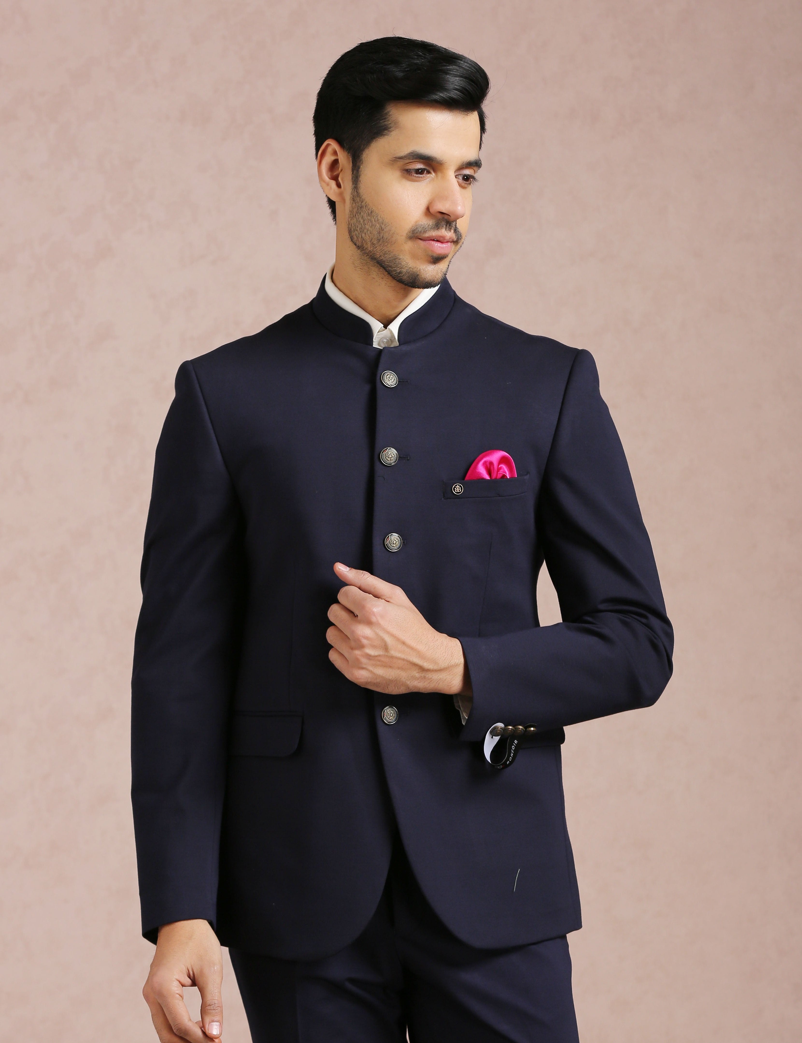 Stylish Navy Blue Bandhgala Blazer - Perfect for Weddings and Parties

