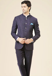 Stylish Navy Blue Bandhgala with Jacquard Fabric - Perfect for Weddings and Formal Occasions

