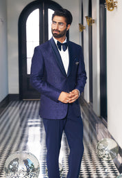 A stylish navy blue fully embroidered suit, perfect for weddings and formal occasions.
