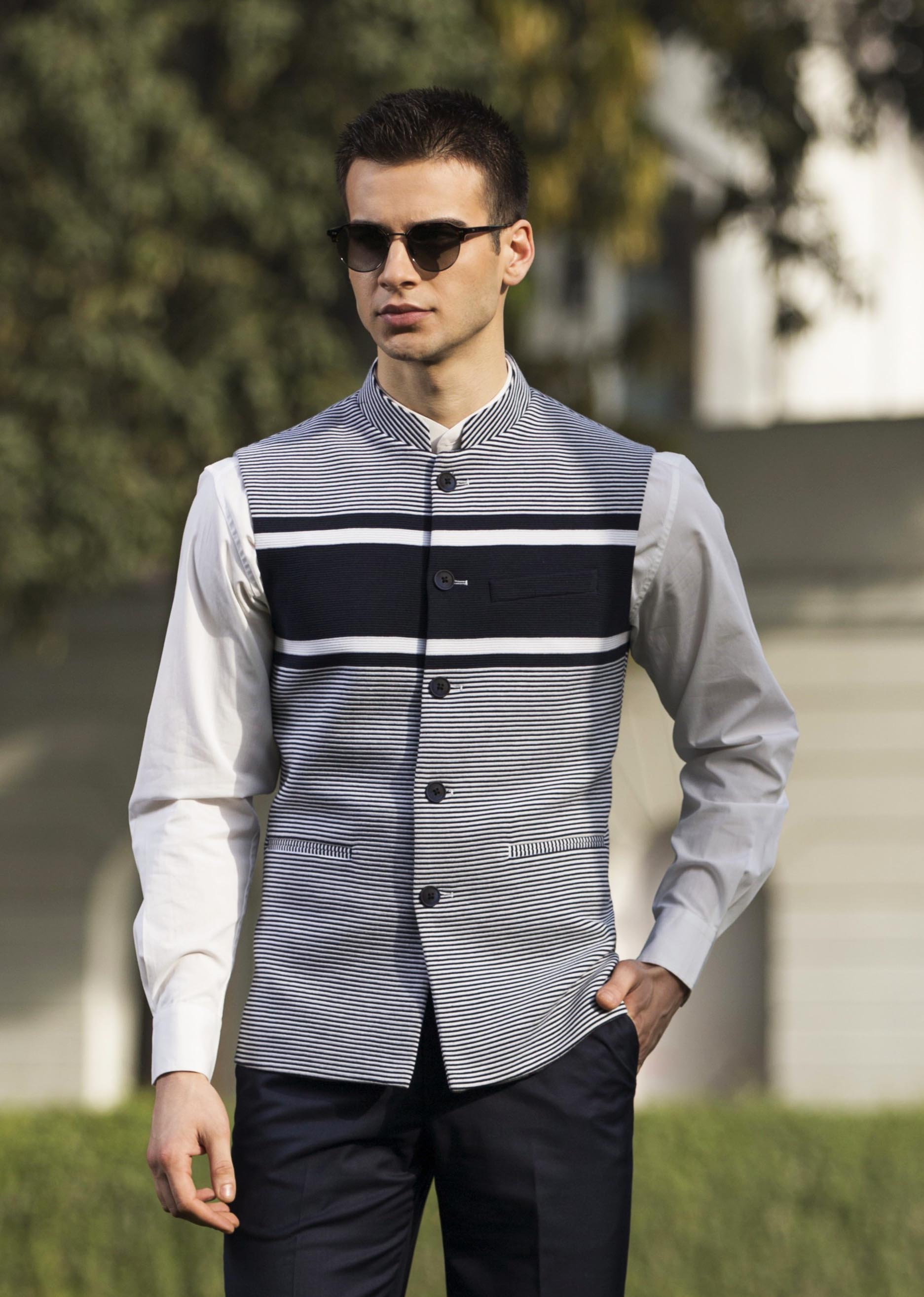 Navy & White Stripe Nehru jacket