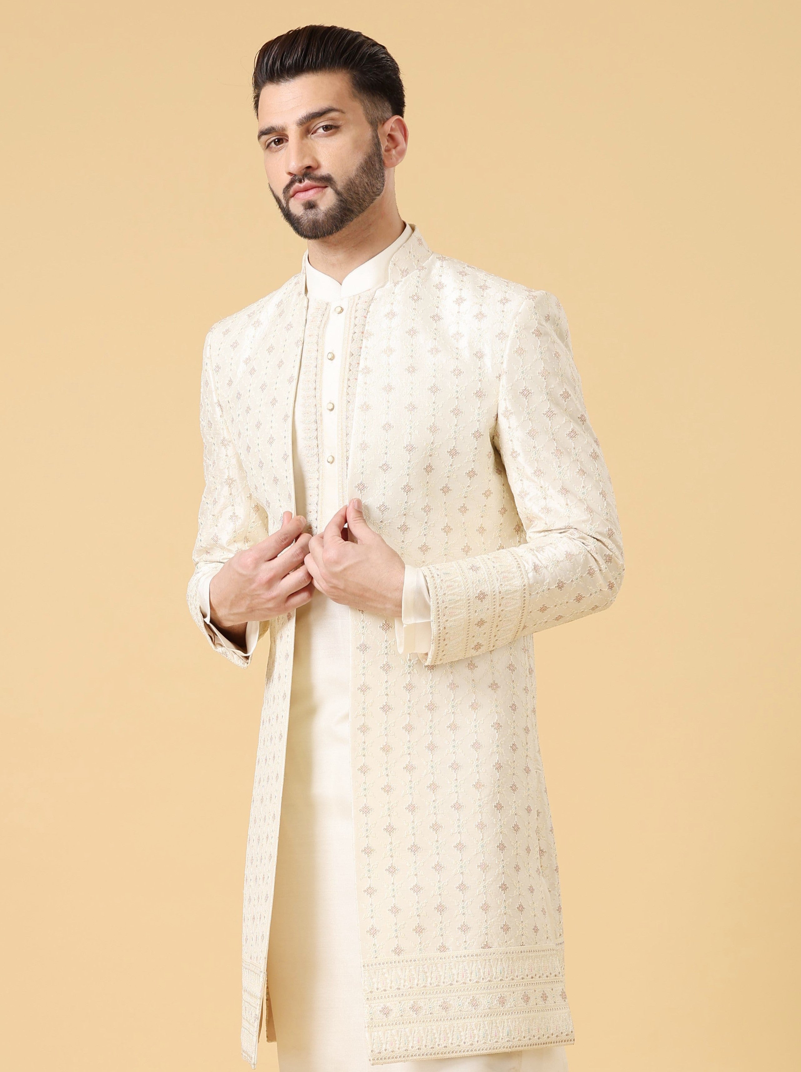 Off-White Indo-Western with Long Jacket - Festive Wear
Timeless Off-White Indo-Western Ensemble with Long Jacket