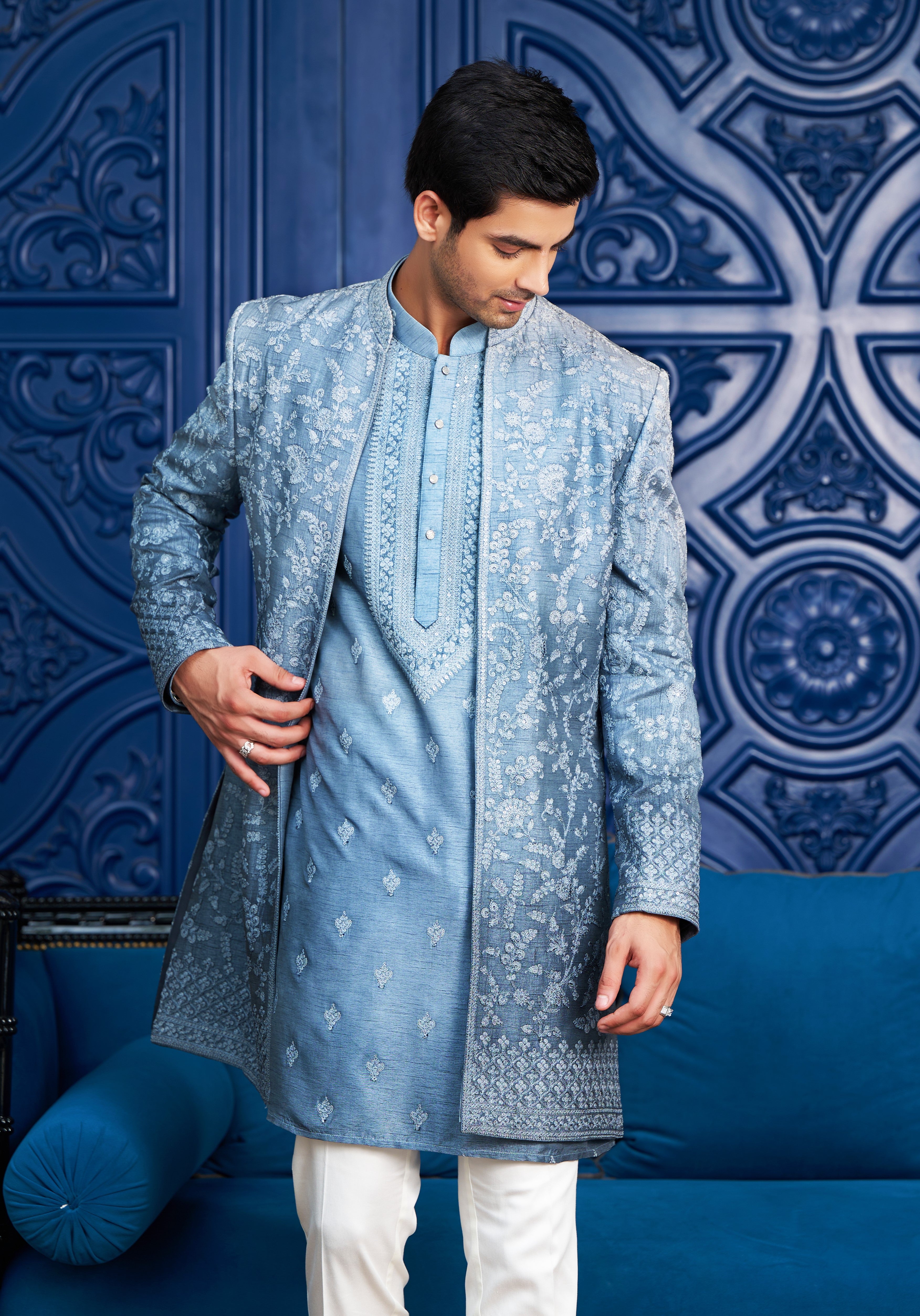 INDOPEHENAWA Royal outlet Designer Black Sherwani Coat pant IndoWestern Suit Jodhpuri Achkan Kurta Top Churidar Indian Wedding for men