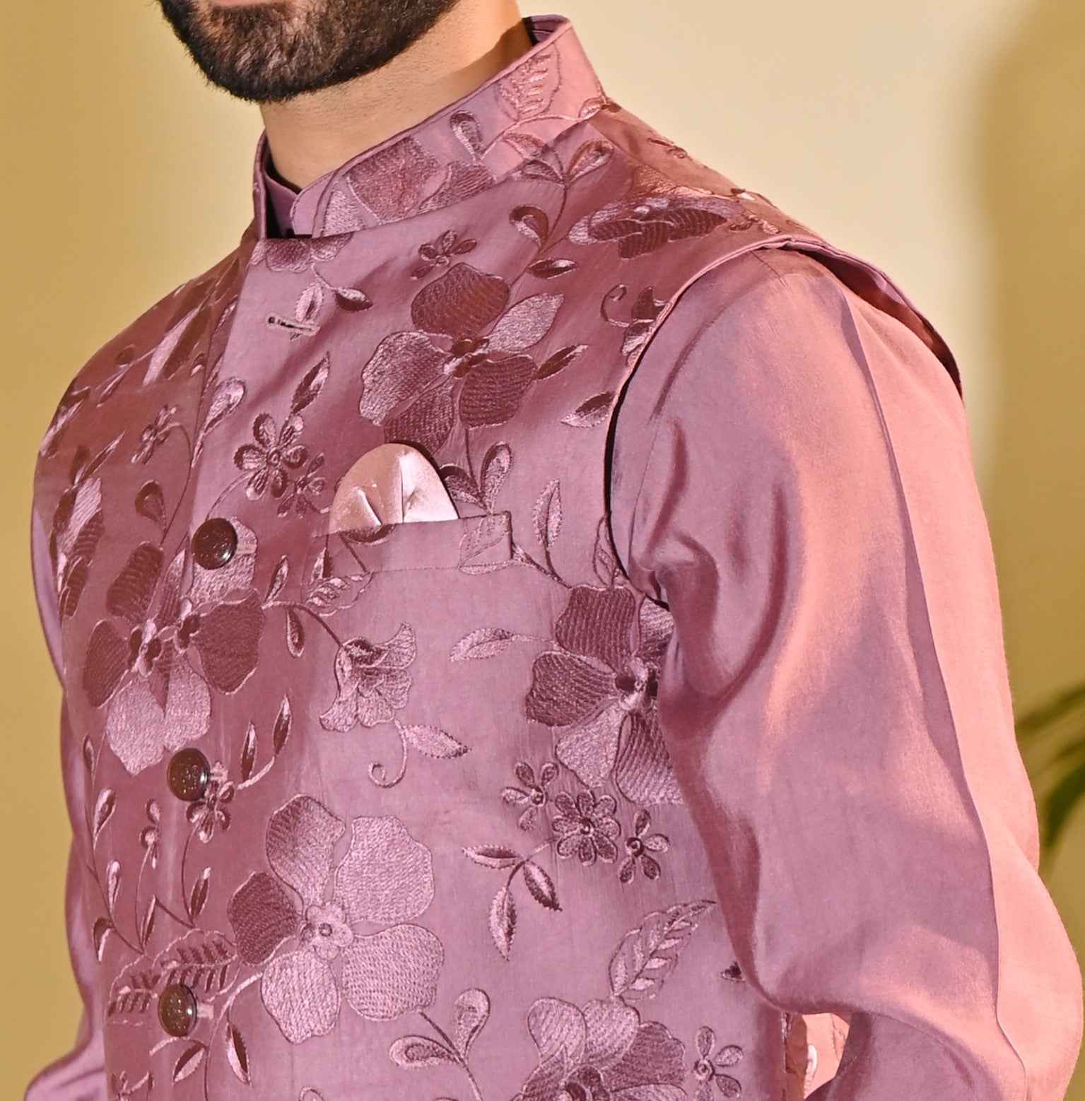 Pink Embroidered Kurta Bundi Set