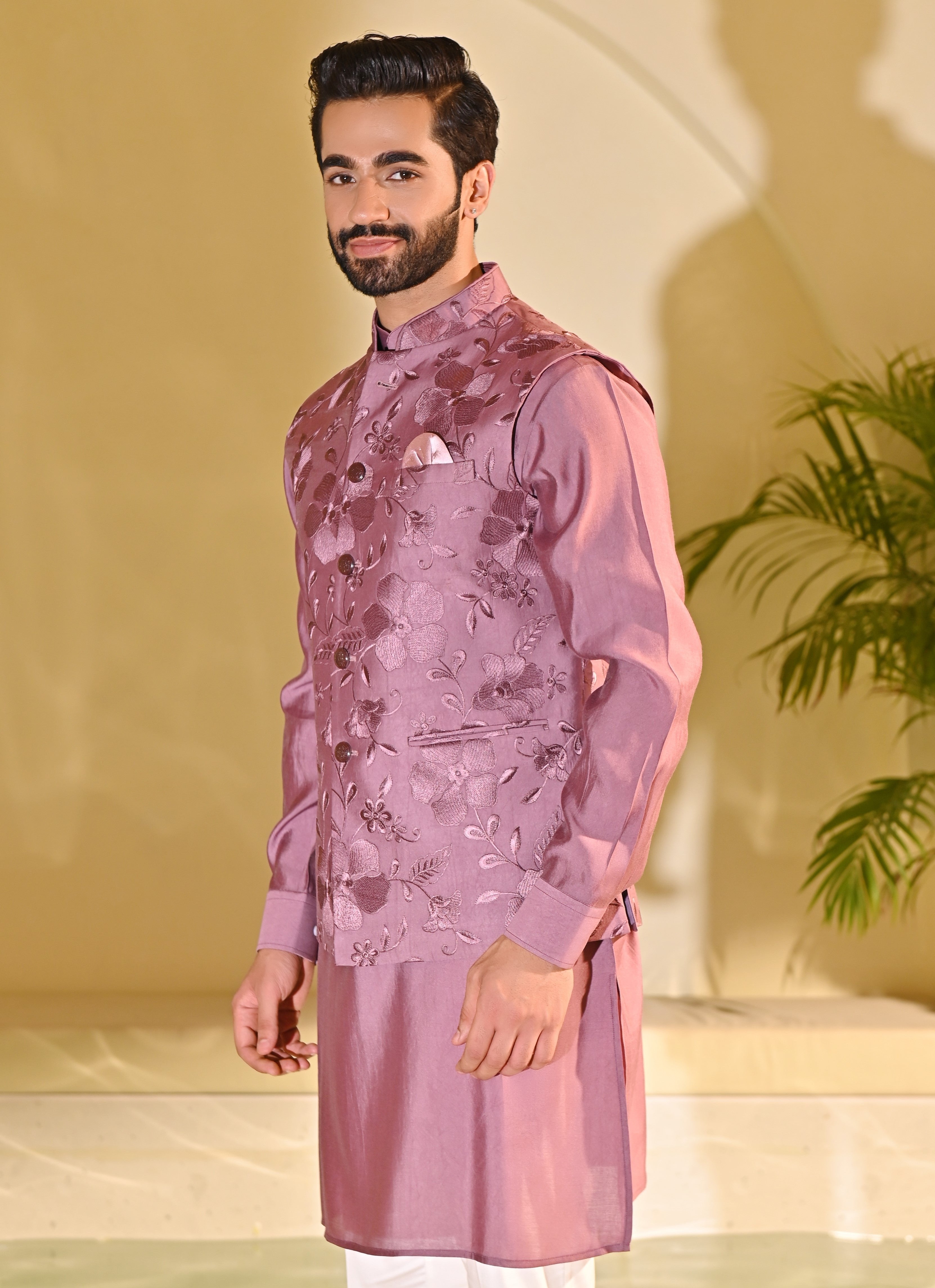 Pink Embroidered Kurta Bundi Set