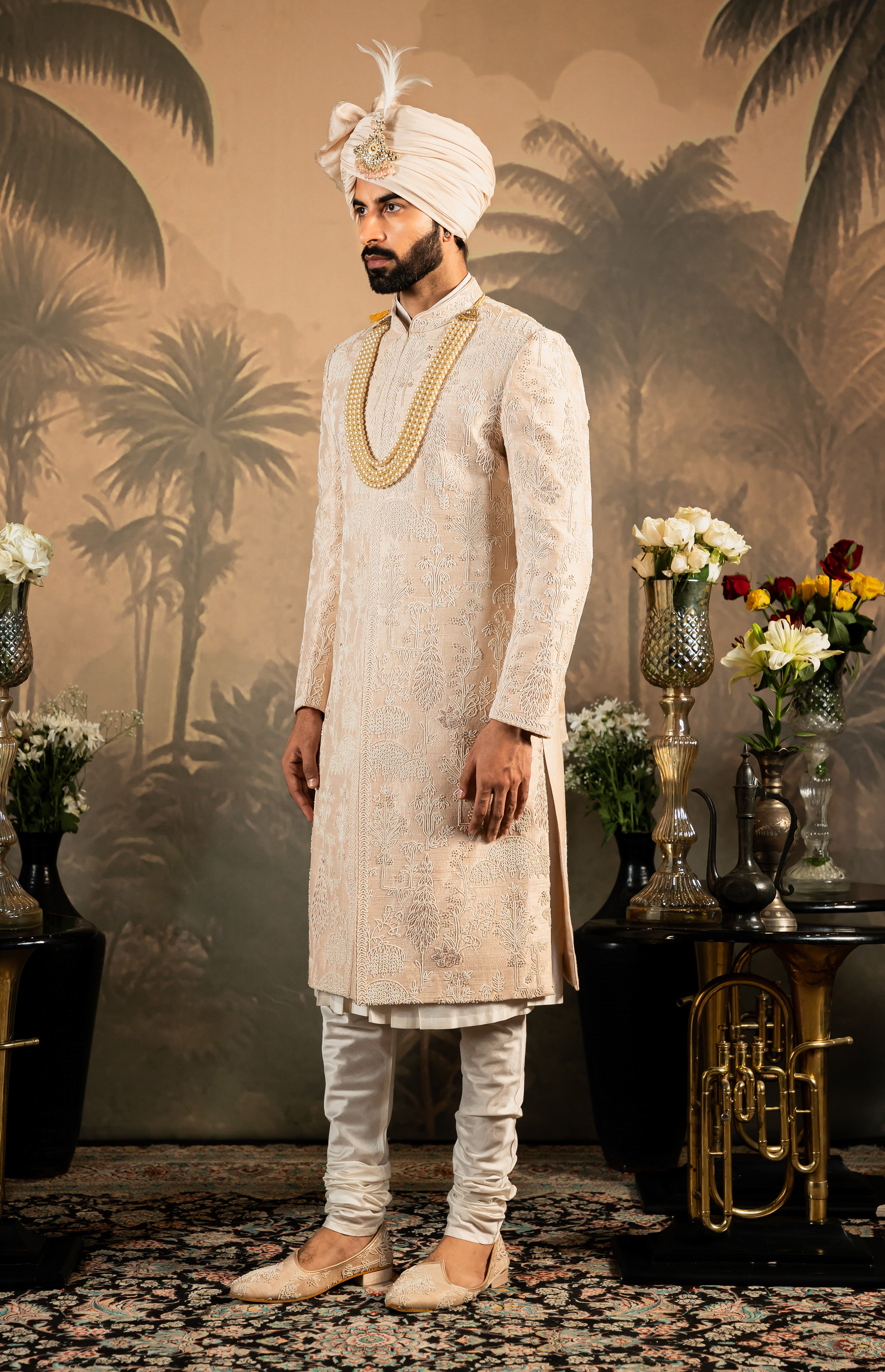 Peach Pure Raw Silk Sherwani