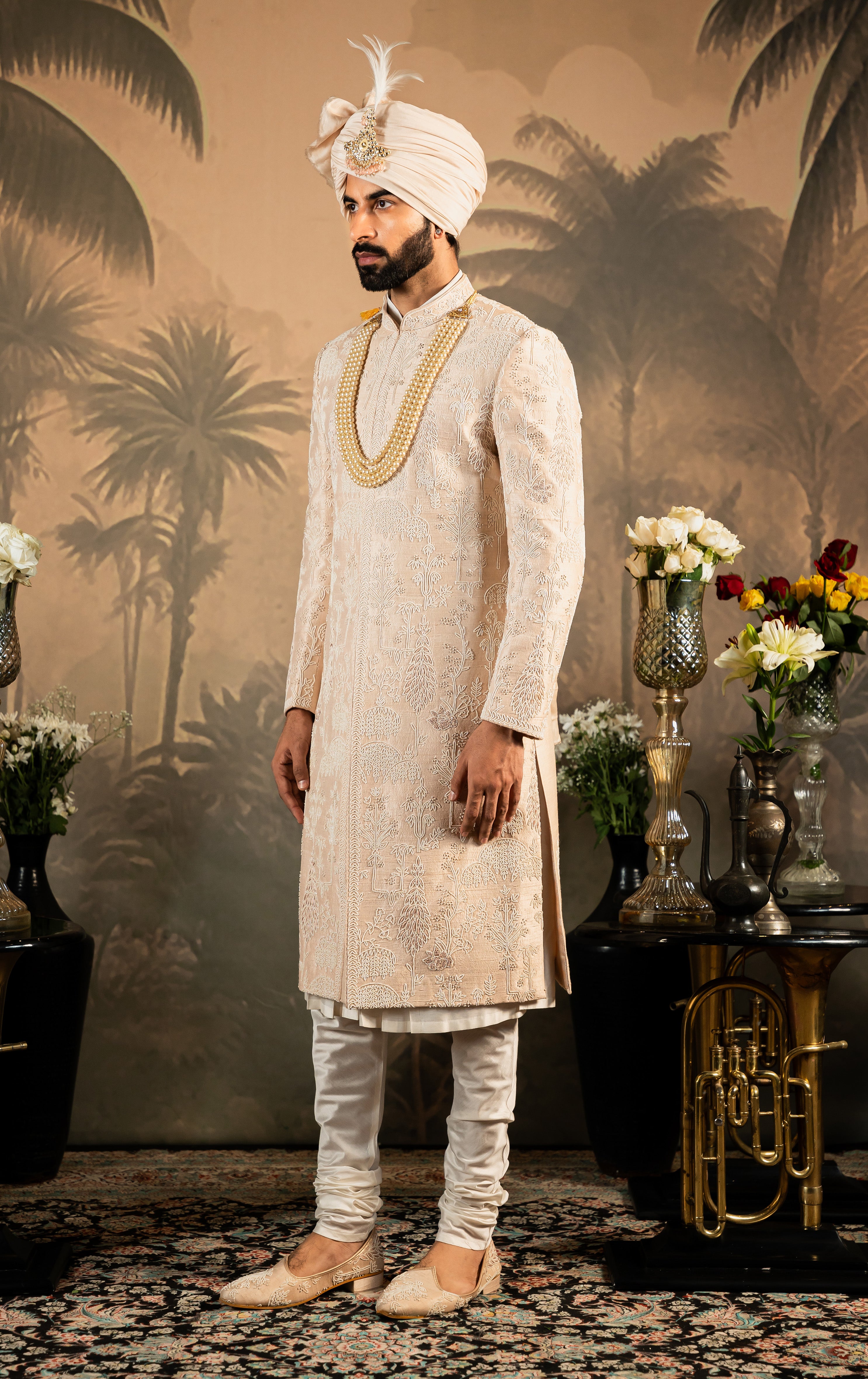 Peach Pure Raw Silk Sherwani