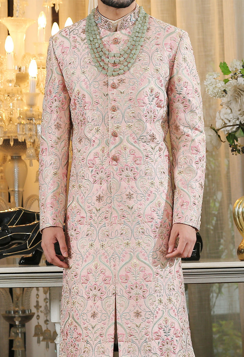 Stylish Pink Sherwani with Intricate Embroidery
