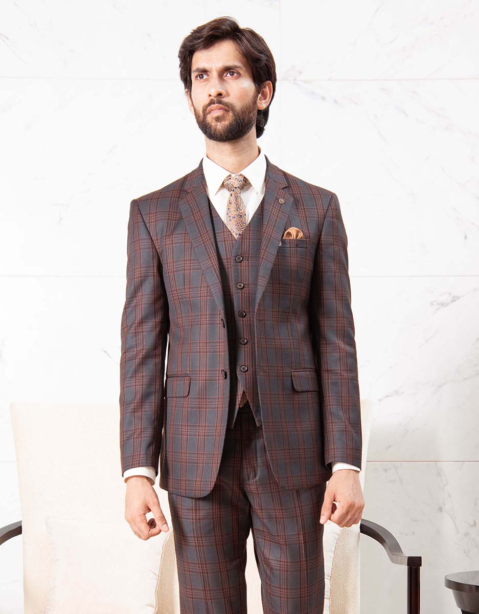 Trendy Rust Checked 5-Piece Suit - Modern Men's Fashion
