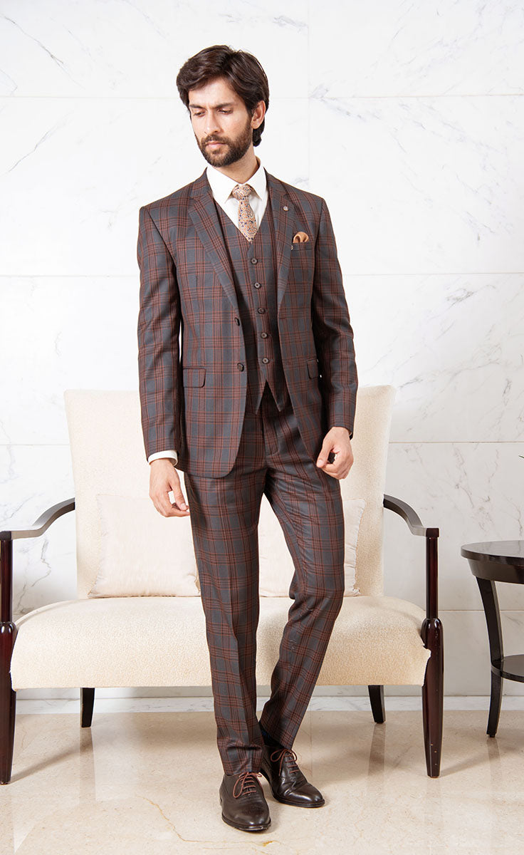 Luxurious Rust Checked 5-Piece Suit: Indulge in ultimate comfort and style.

