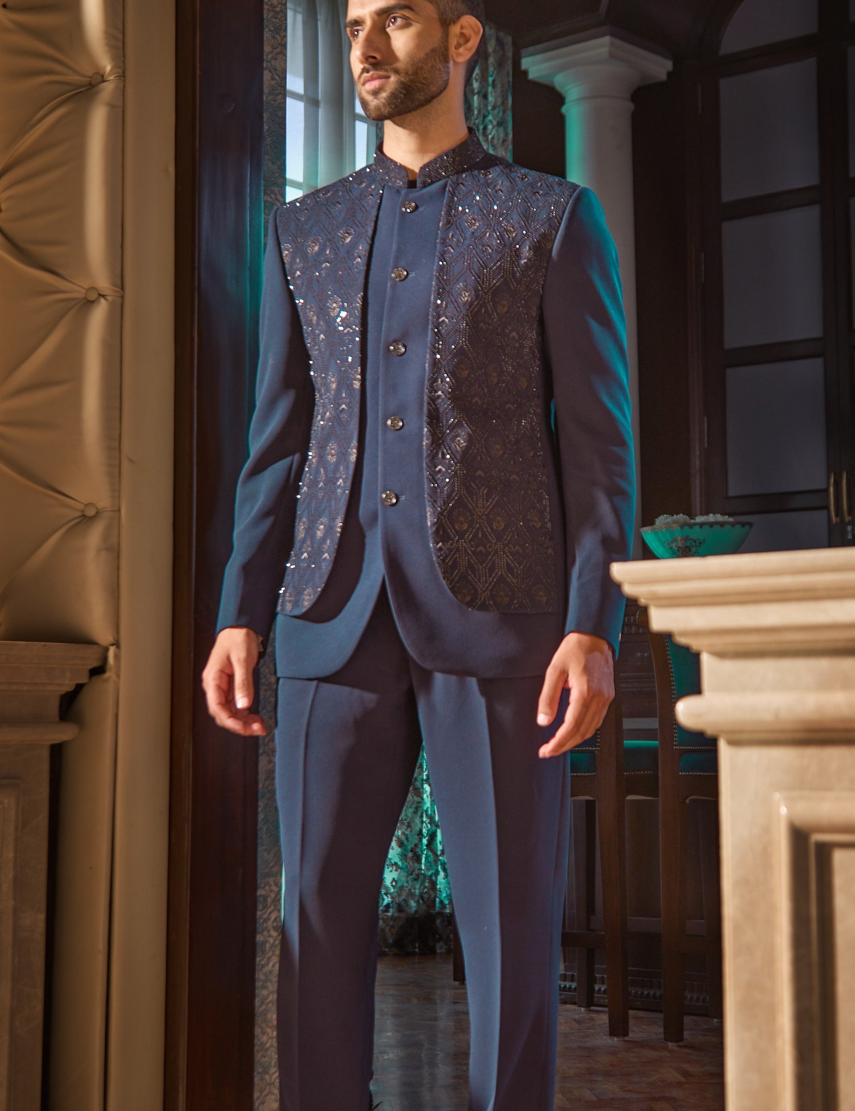 designer blue bandhgala suit