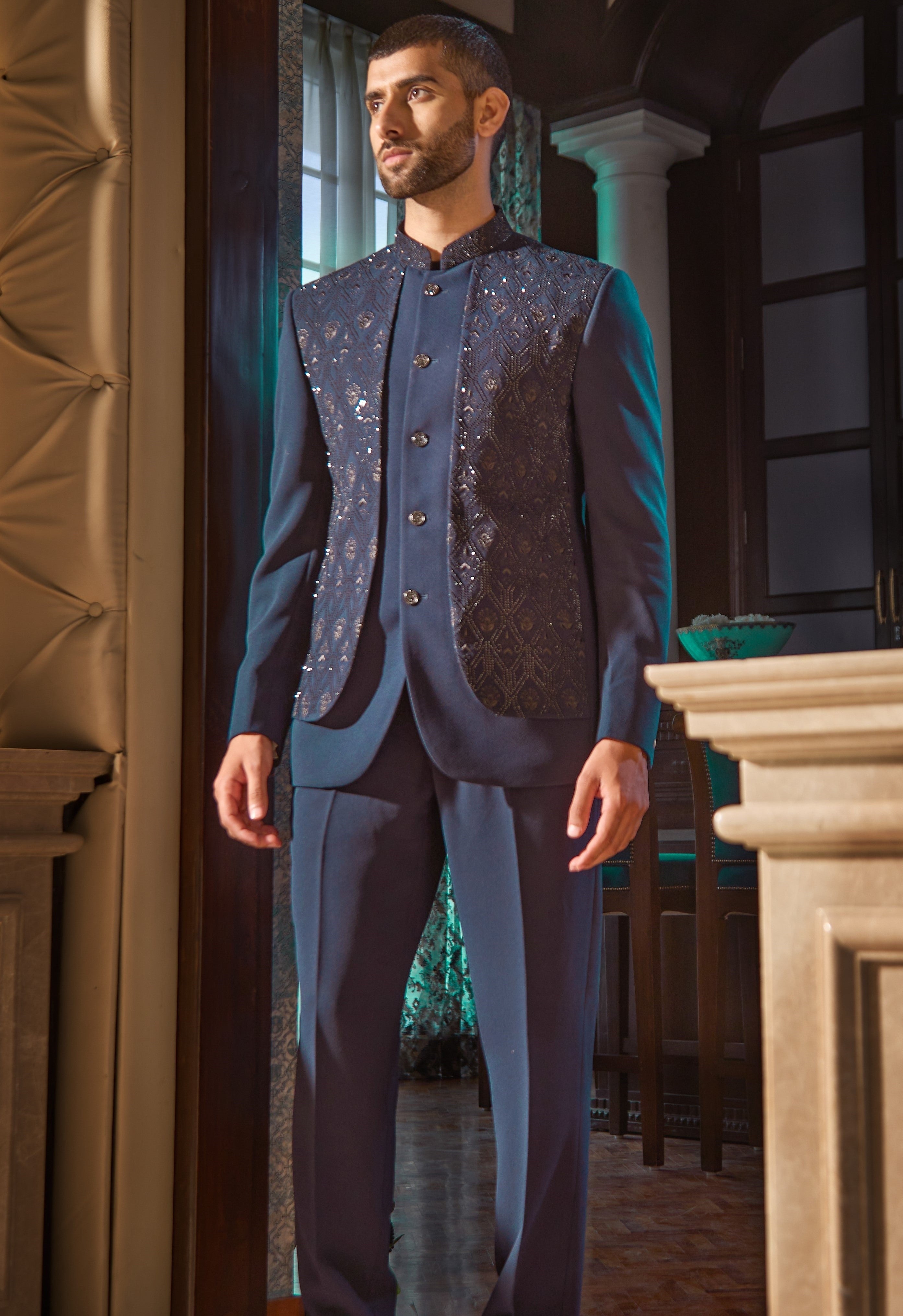 designer blue bandhgala suit
