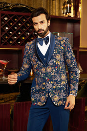 A versatile teal fully embroidered suit, suitable for various occasions.
