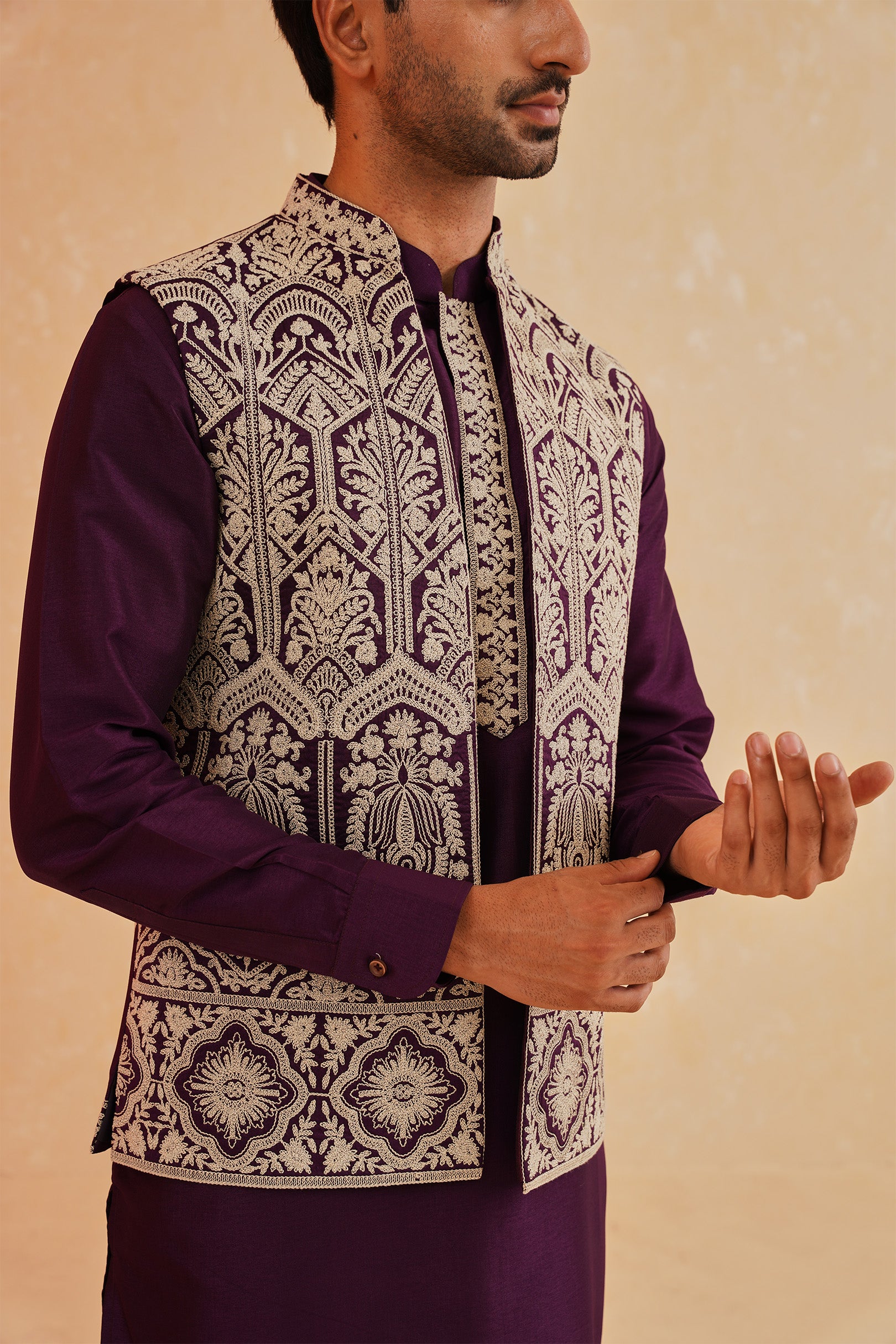 Wine Embroidered Kurta-Jacket Set