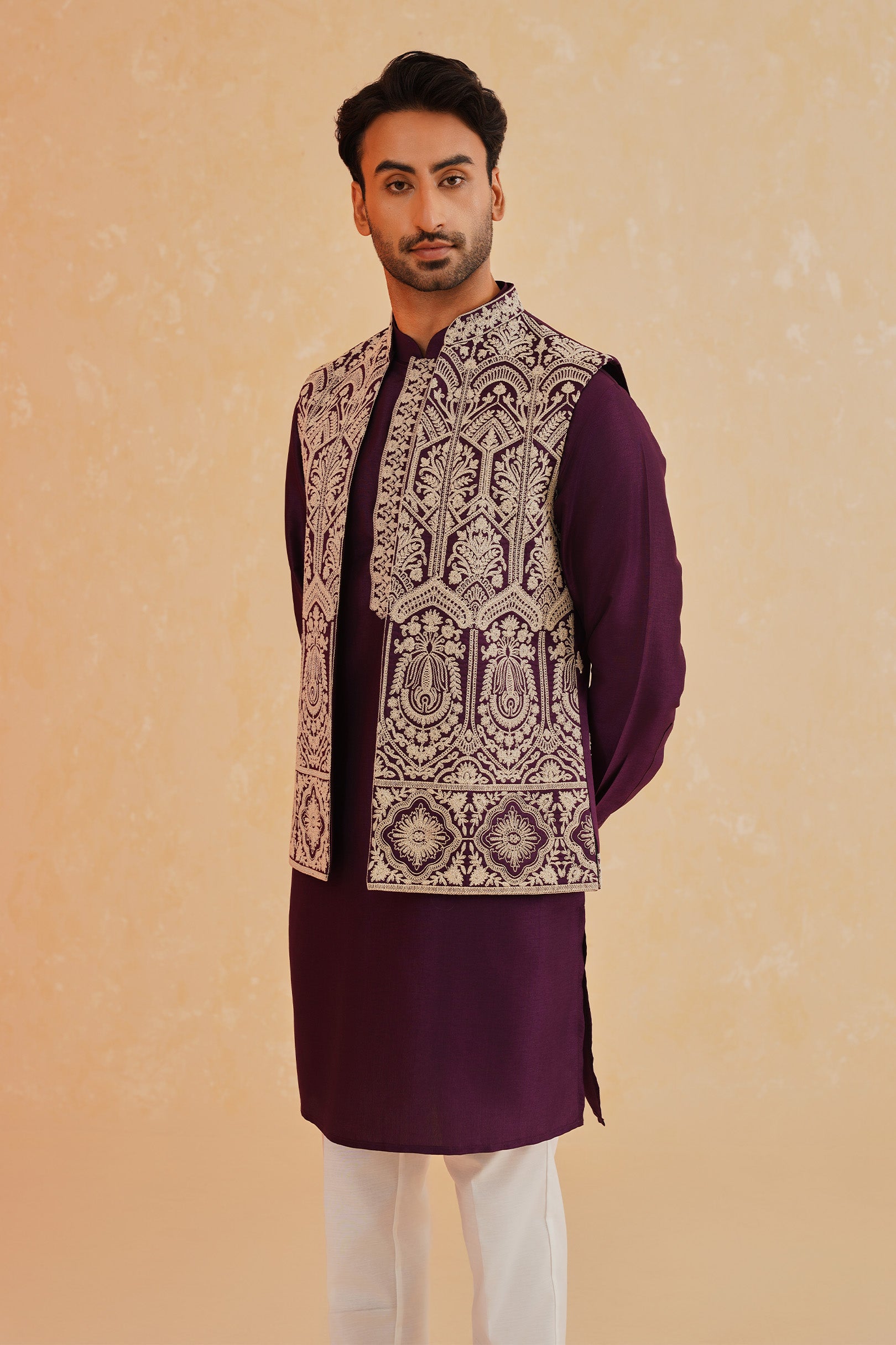 Wine Embroidered Kurta-Jacket Set