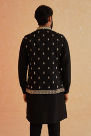 Black Solid Embroidered Kurta-Jacket Set