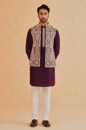 Wine Embroidered Kurta-Jacket Set