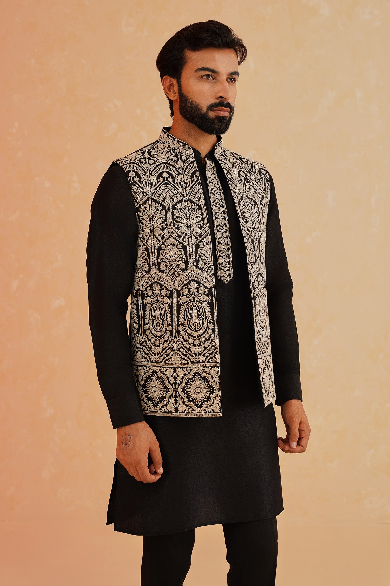 Black Solid Embroidered Kurta-Jacket Set