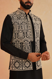 Black Solid Embroidered Kurta-Jacket Set