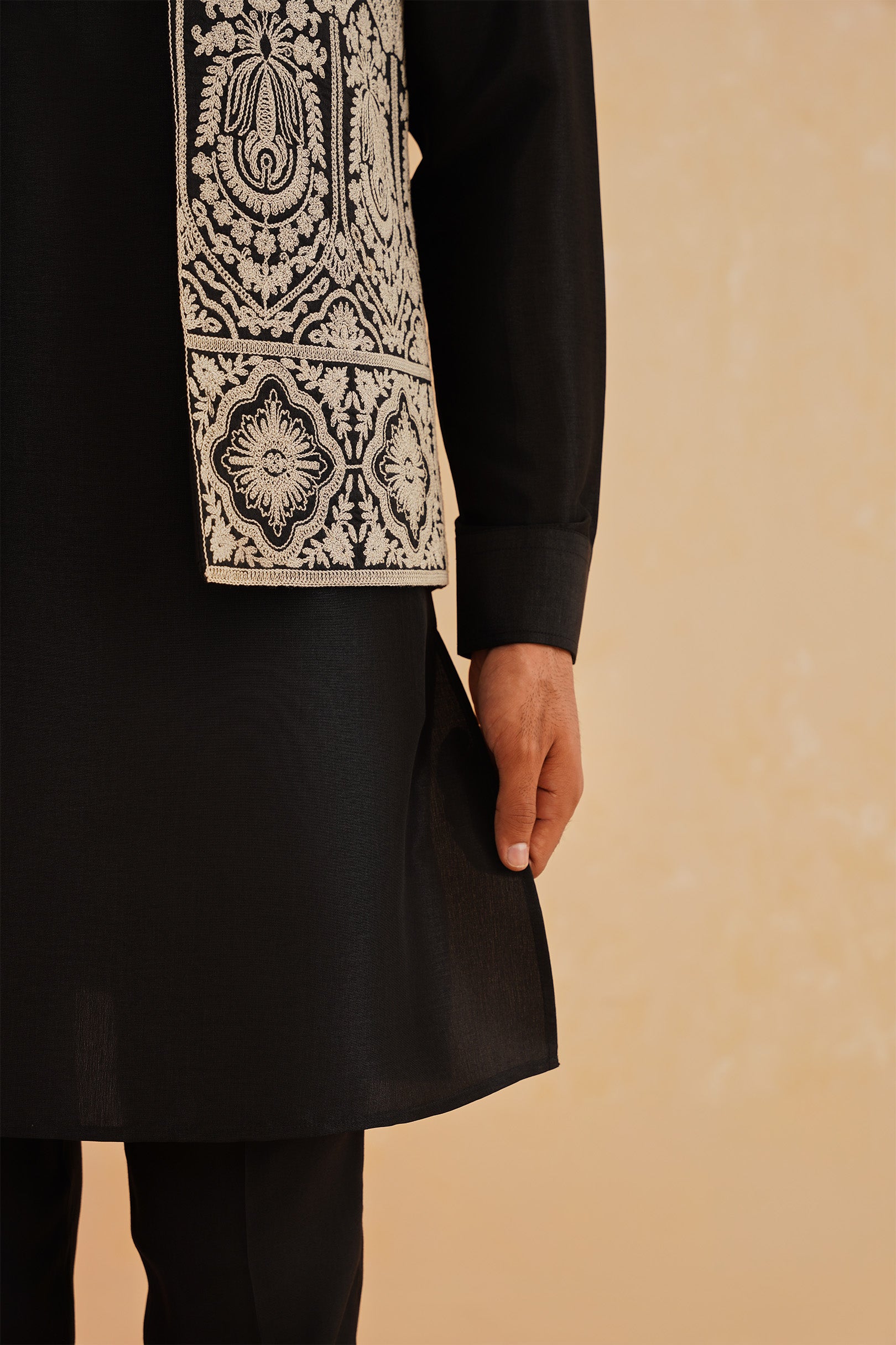 Black Solid Embroidered Kurta-Jacket Set