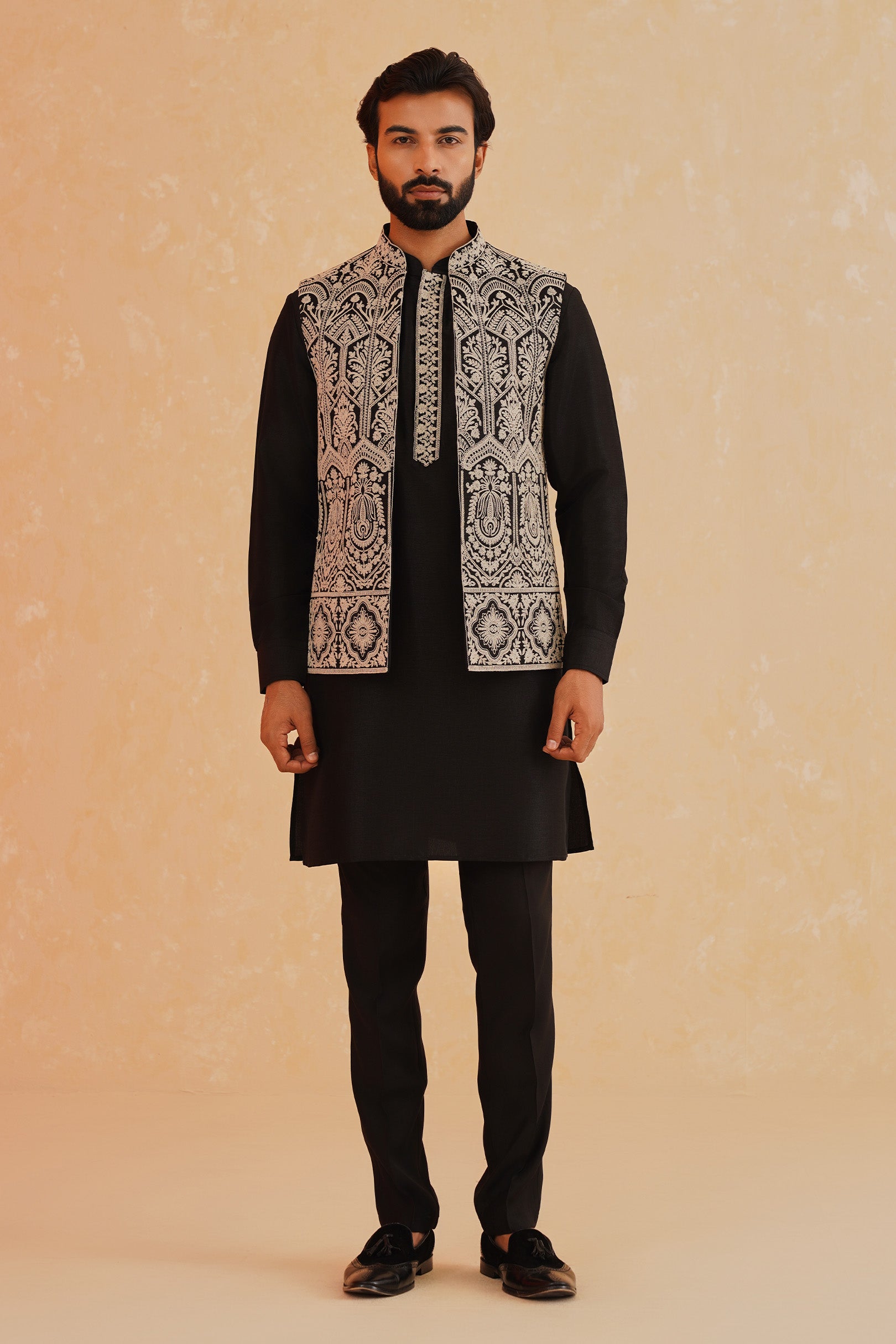 Black Solid Embroidered Kurta-Jacket Set