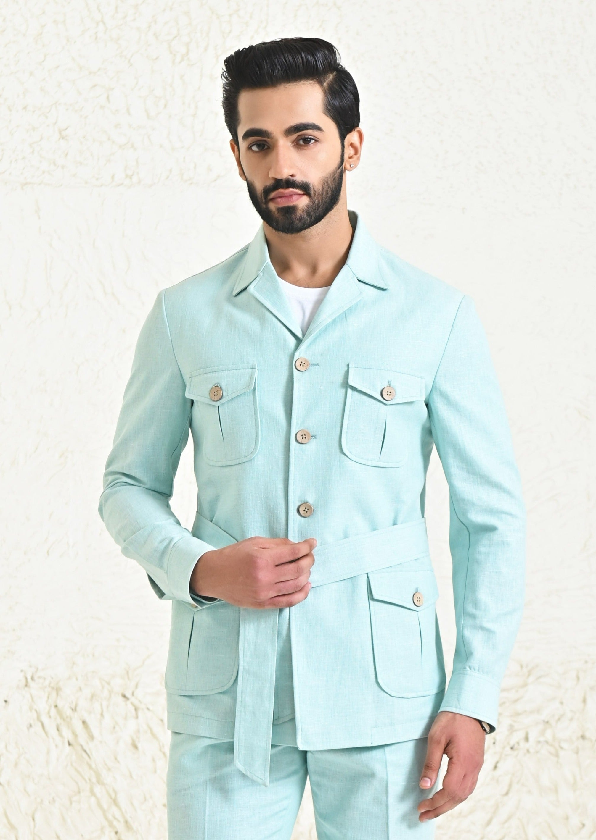 Mint Green Linen Men's co-ord set with belt