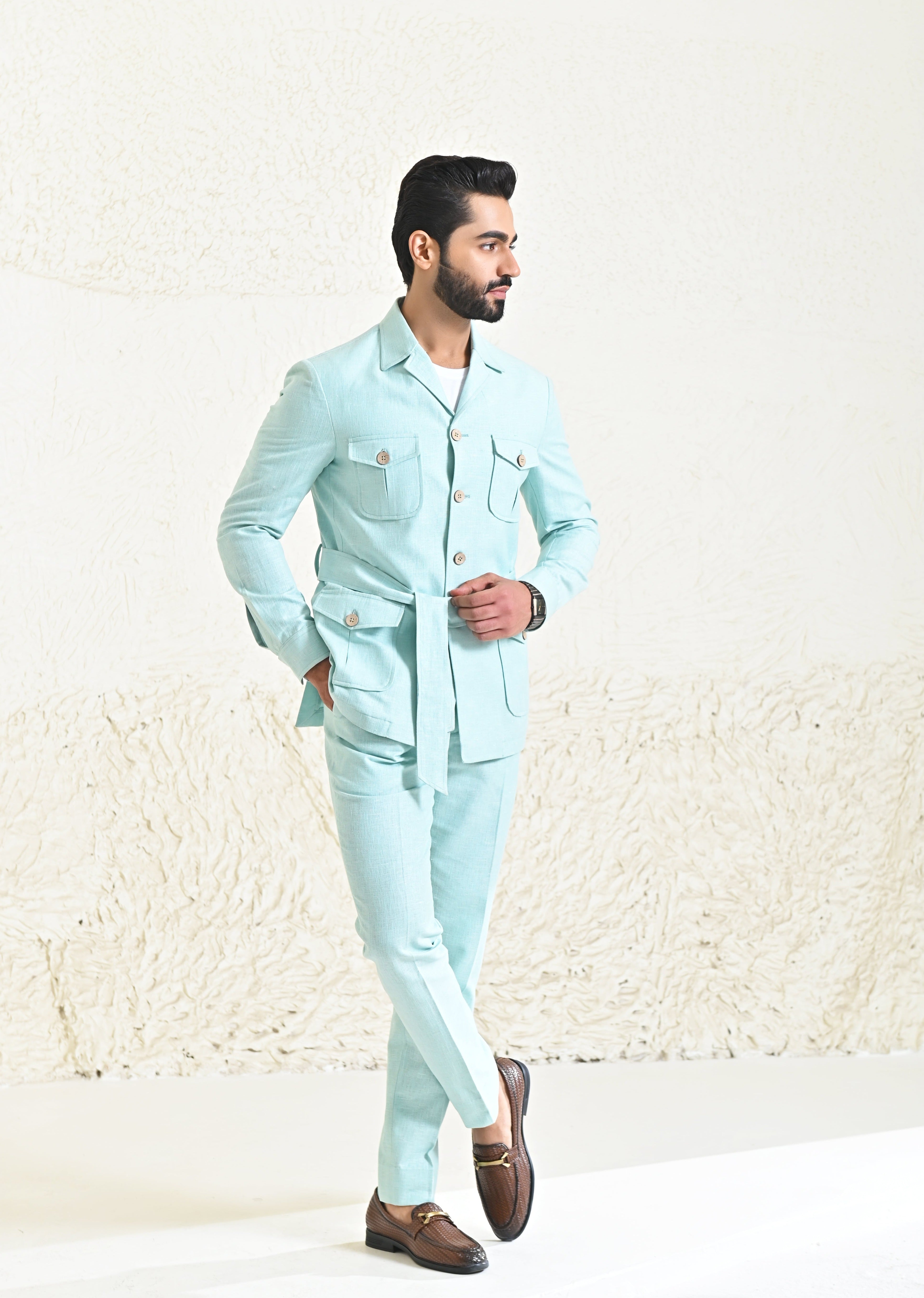 Mint Green Linen Men's co-ord set with belt