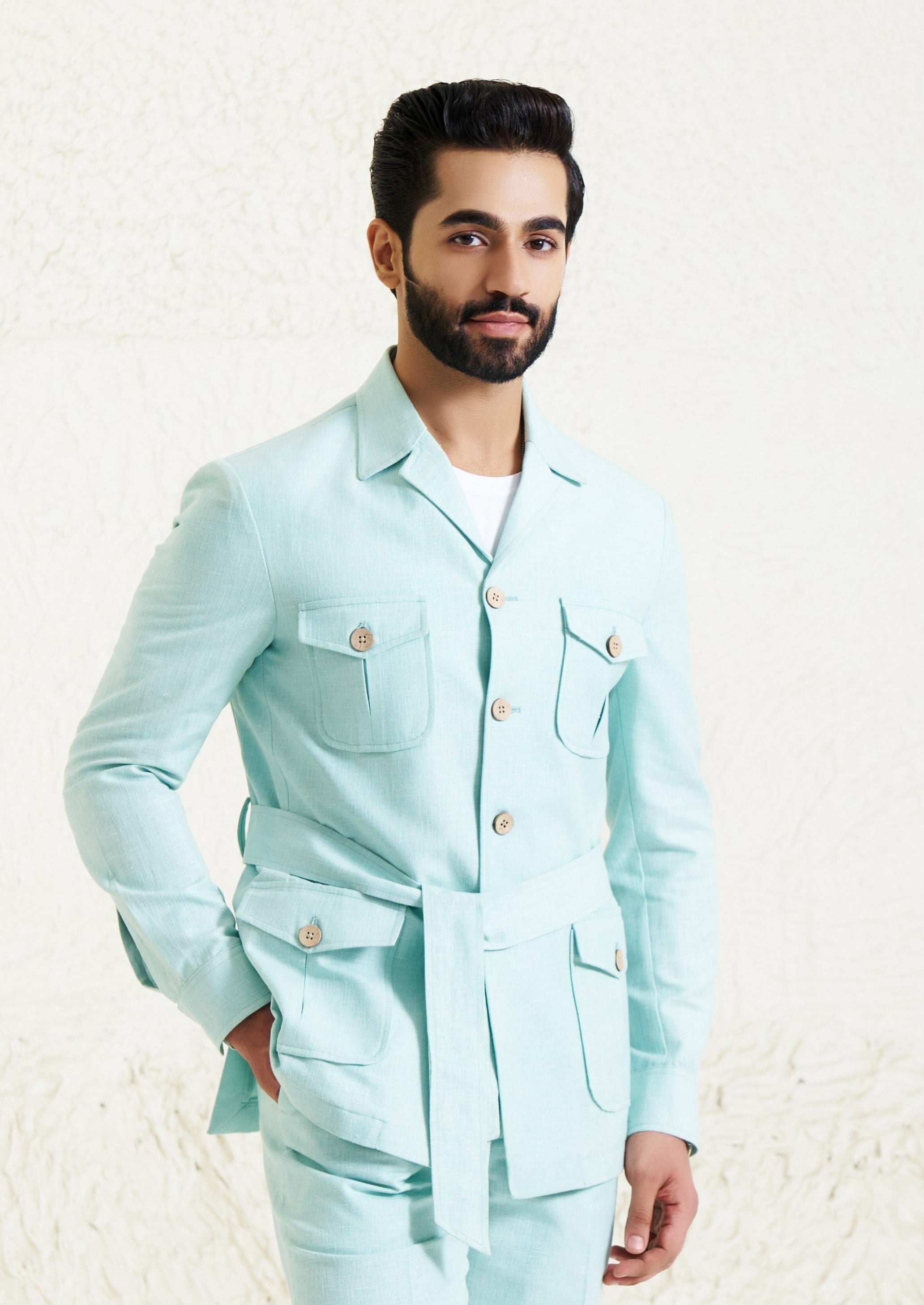 Mint Green Linen Men's co-ord set with belt